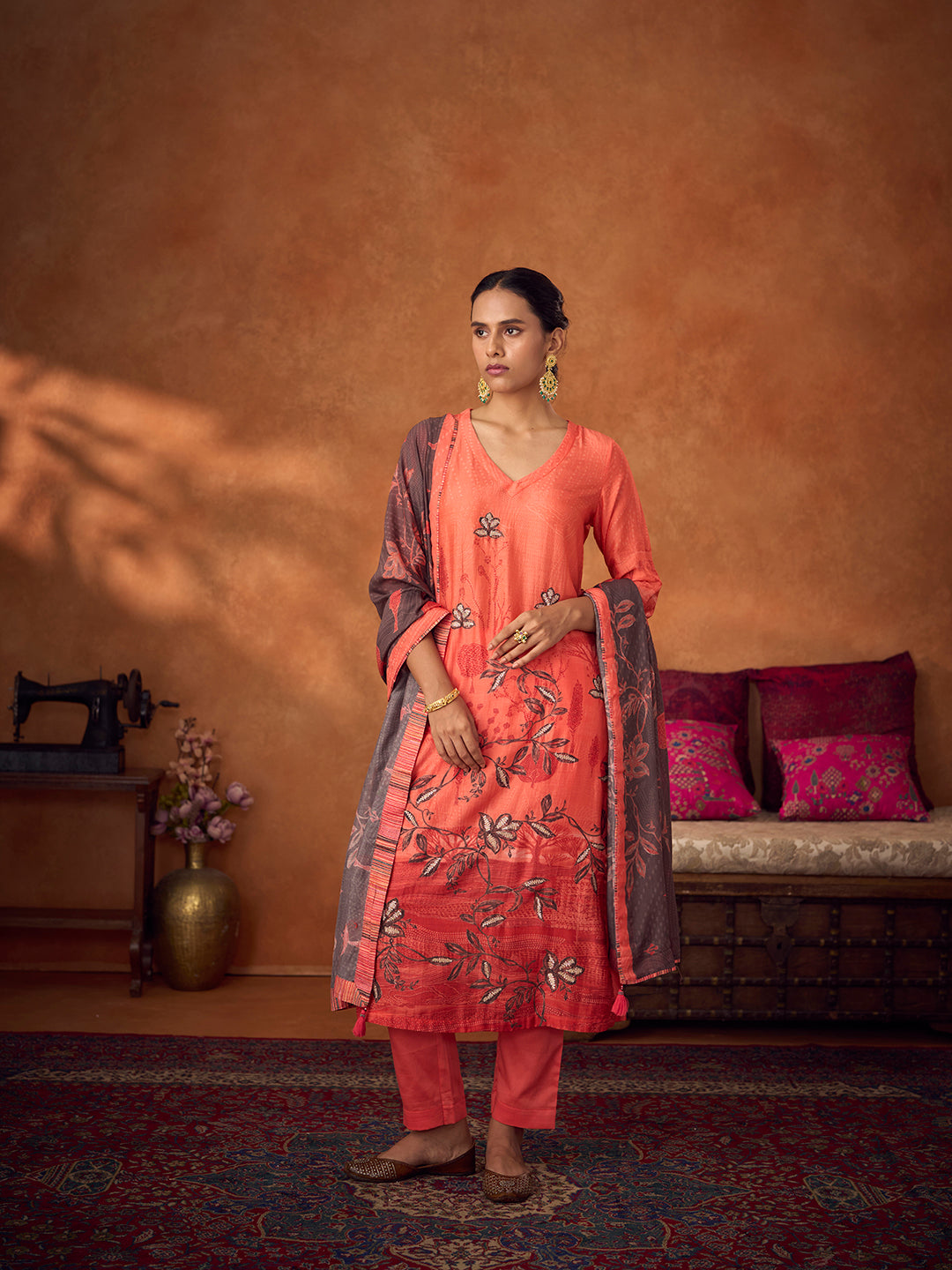 Azaara Unstitched Kurta Set - Orange