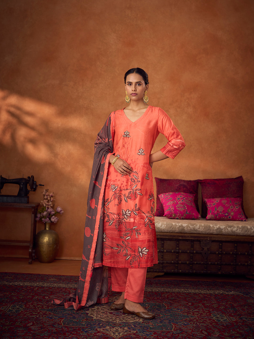 Azaara Unstitched Kurta Set - Orange