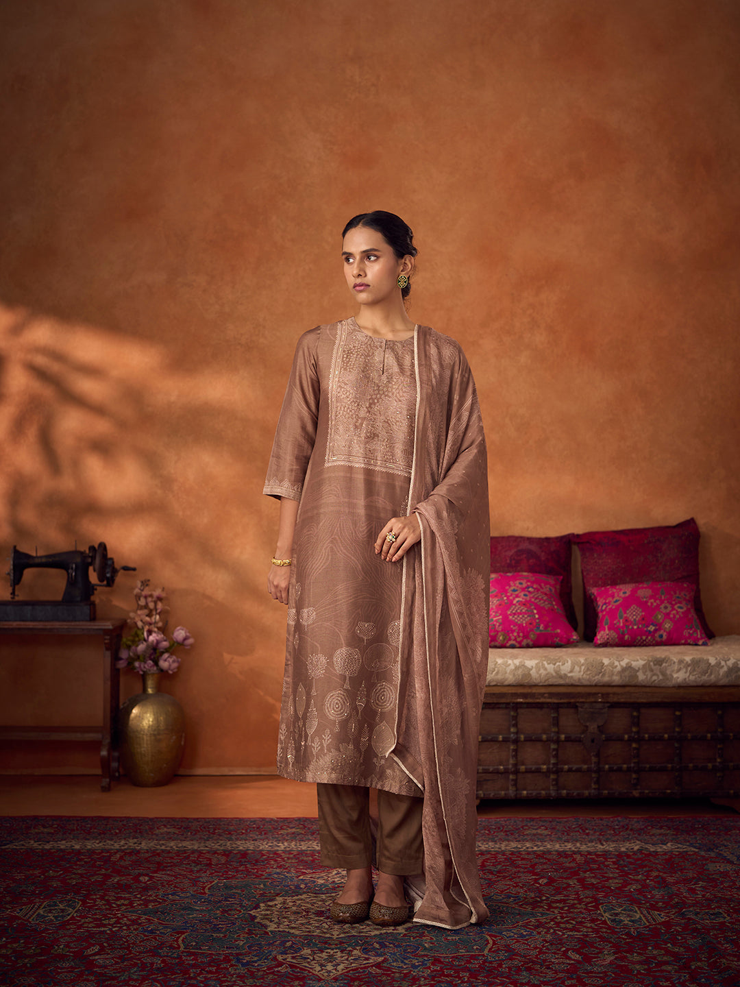 Zardozi Unstitched Kurta Set - Brown