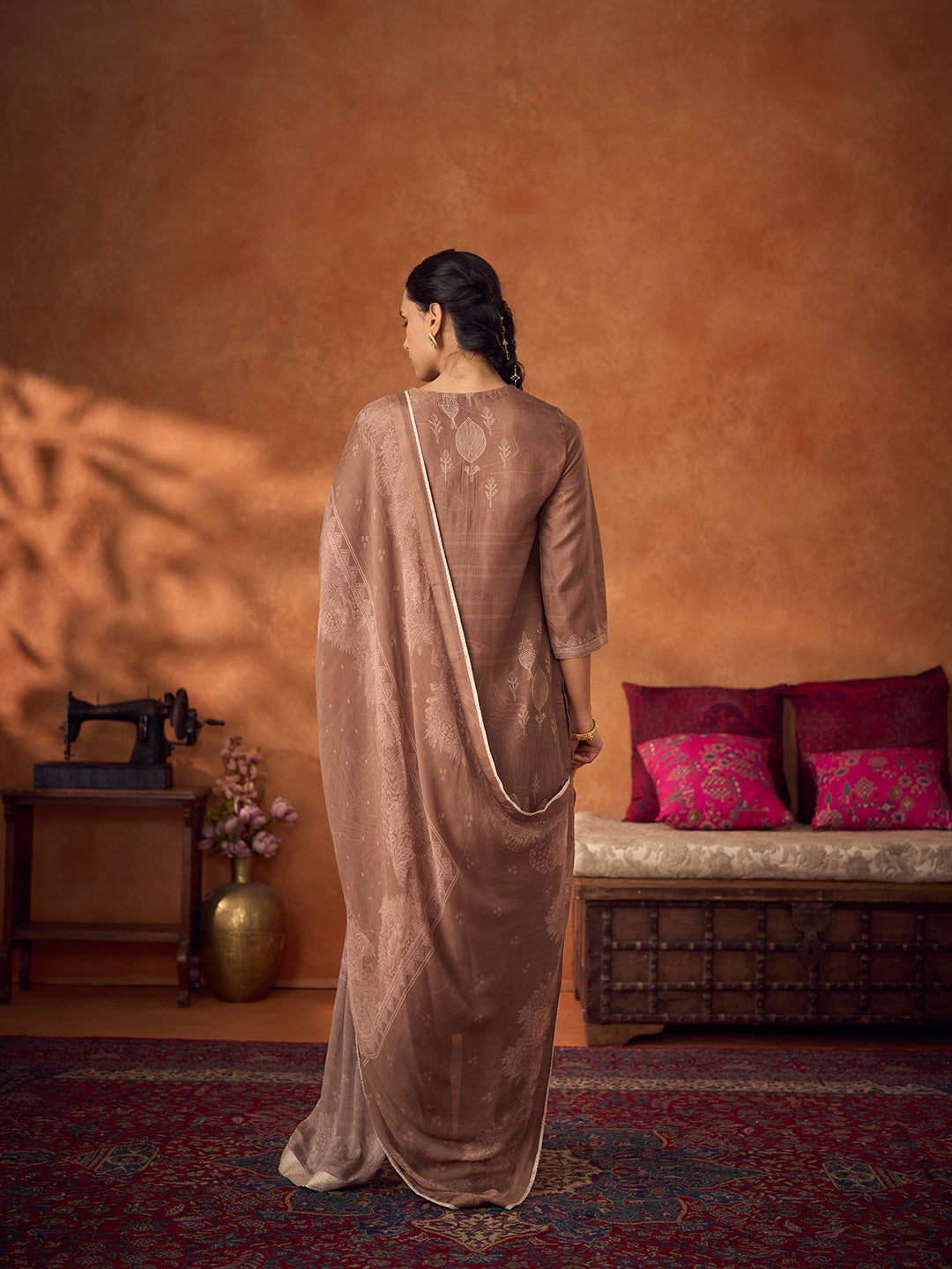 Zardozi Unstitched Kurta Set - Brown