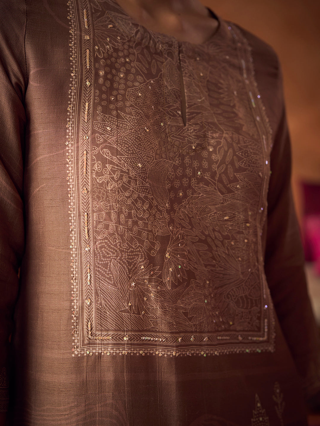 Zardozi Unstitched Kurta Set - Brown