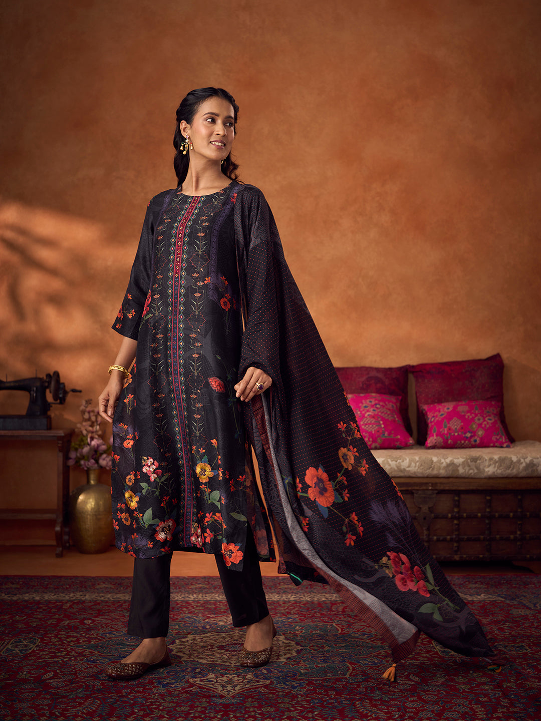 Kiya Unstitched Kurta Set- Black