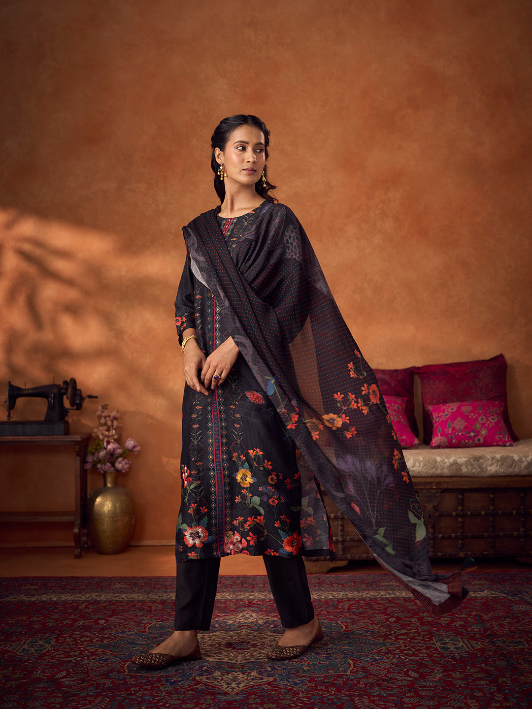 Kiya Unstitched Kurta Set- Black