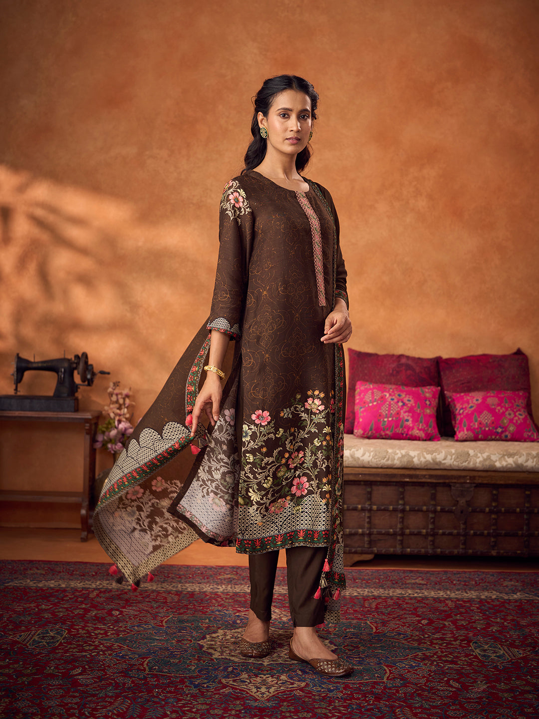 Zehra Unstitched Kurta Set - Brown