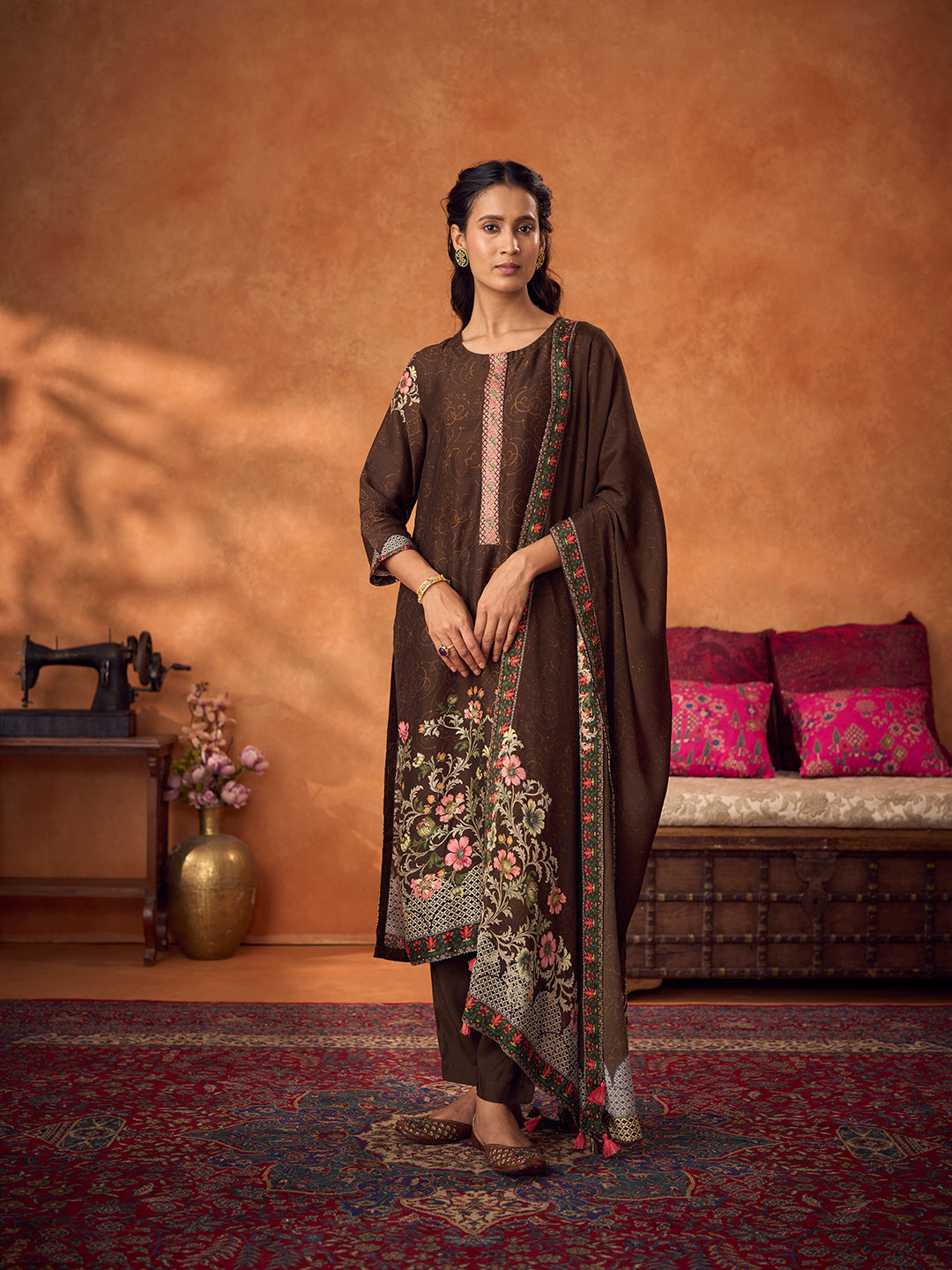 Zehra Unstitched Kurta Set - Brown