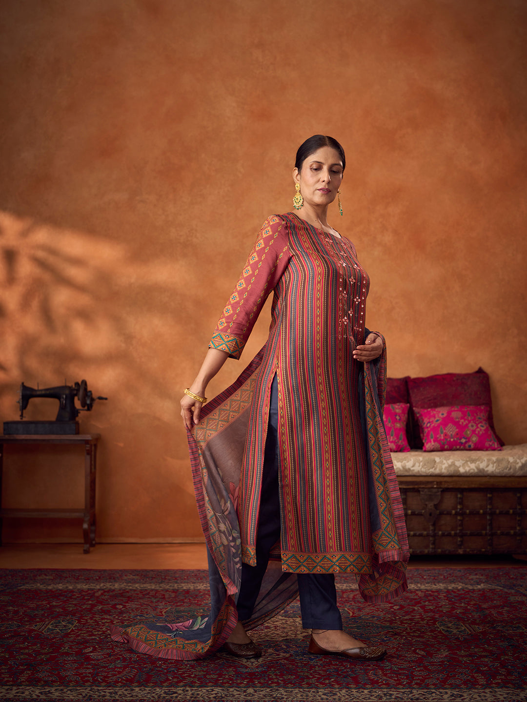Raqs Unstitched Kurta Set - Orange