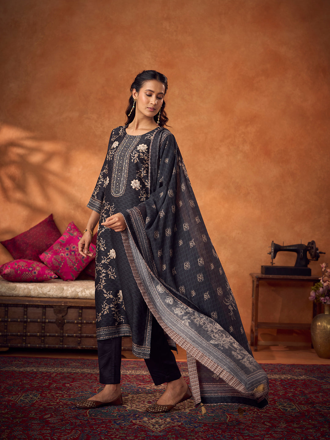 Tahni Unstitched Kurta Set - Black