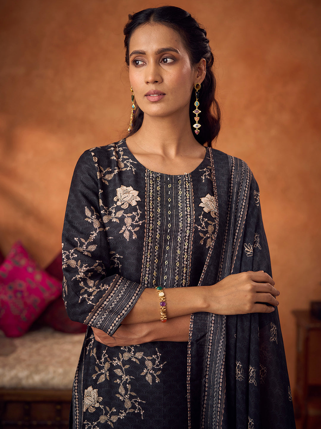 Tahni Unstitched Kurta Set - Black