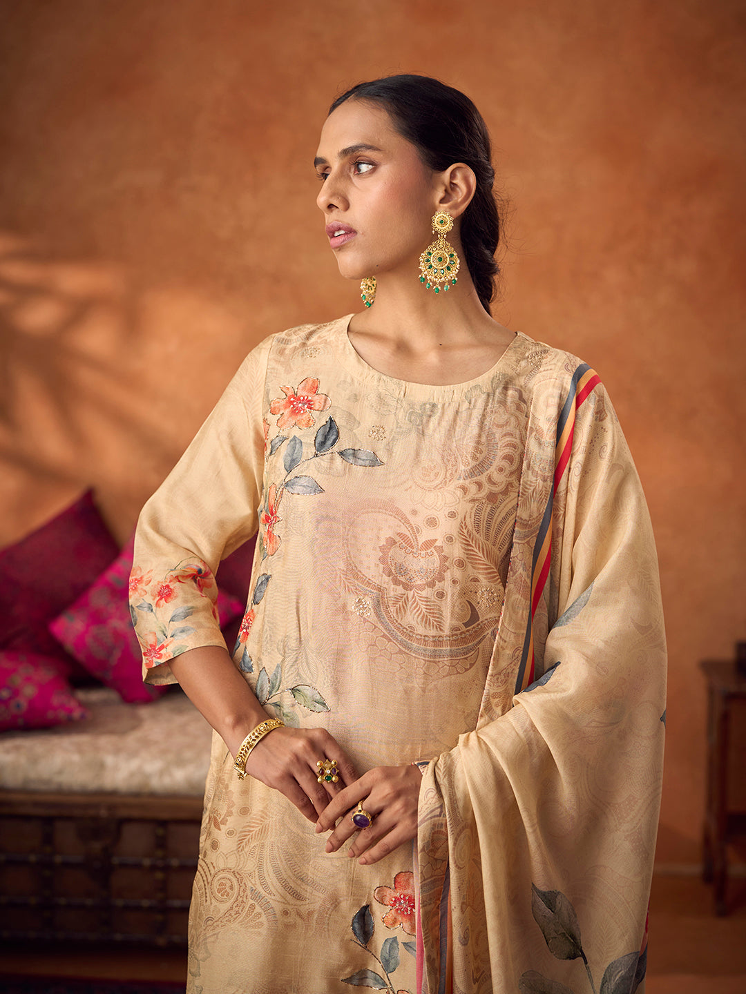 Parchin Unstitched Kurta Set - Beige