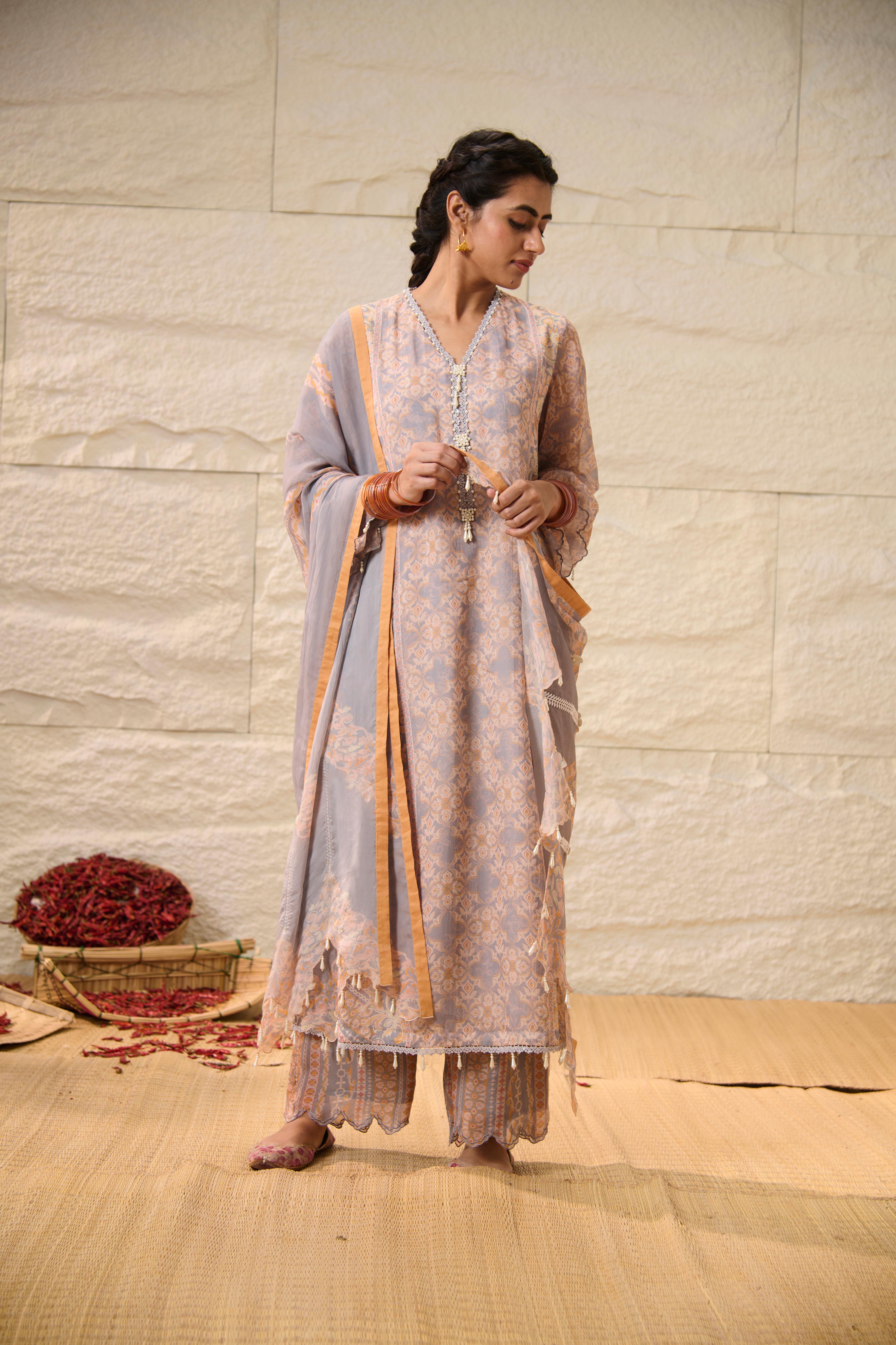 Rekha Kurta Set with Dupatta - Grey