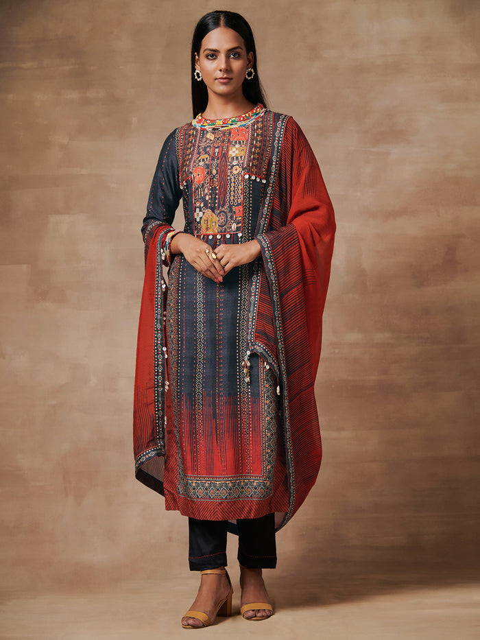 Shanao Black Red Kurta Set with Dupatta