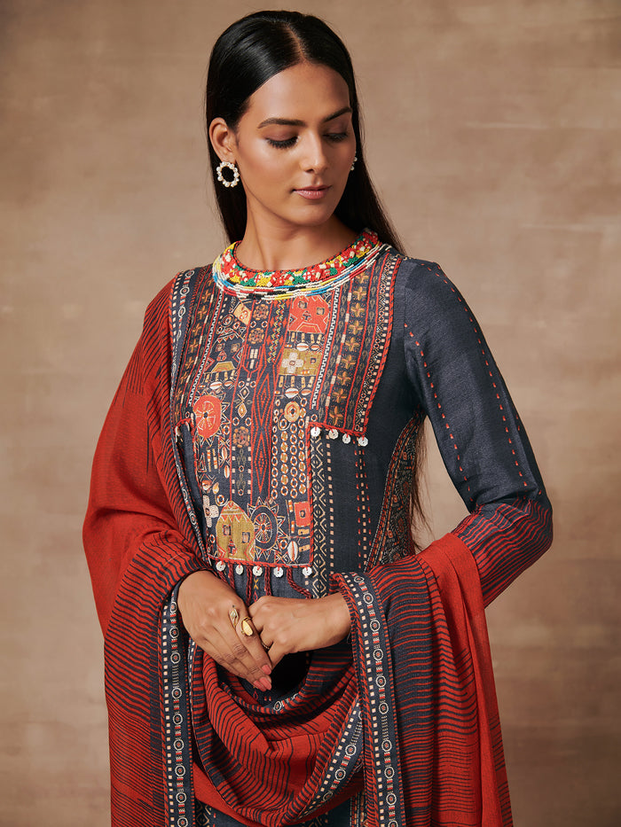 Shanao Black Red Kurta Set with Dupatta