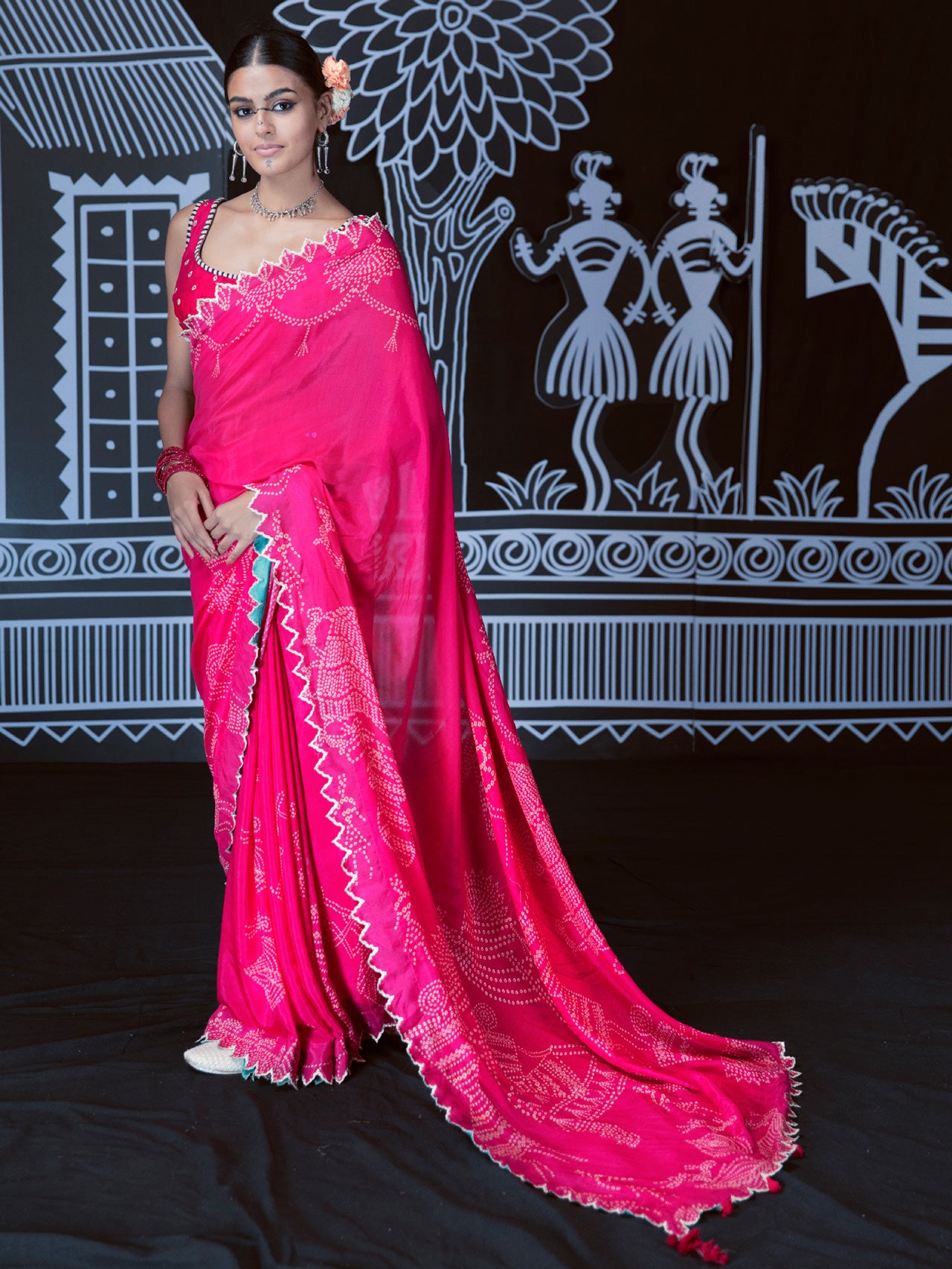Saura Bright Pink printed Saree