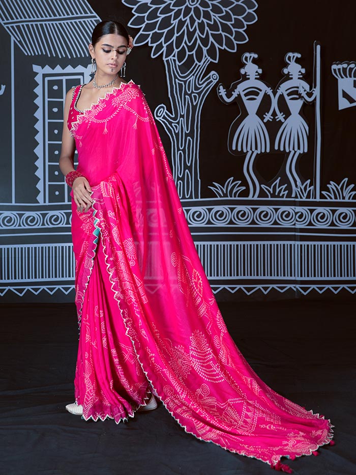 Saura Bright Pink printed Saree