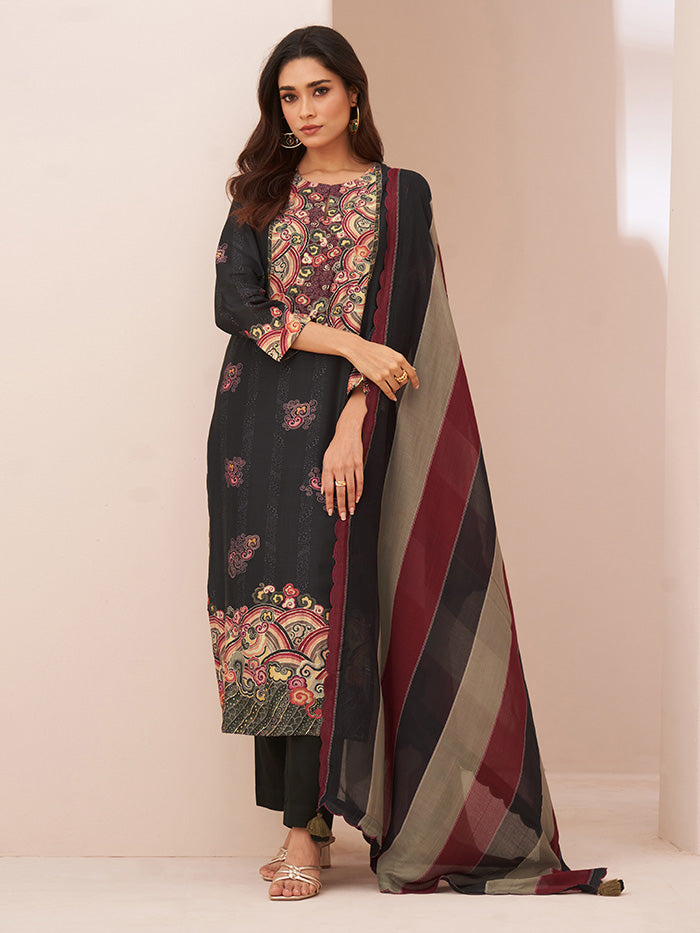 Leher Unstitched Kurta Set - Black