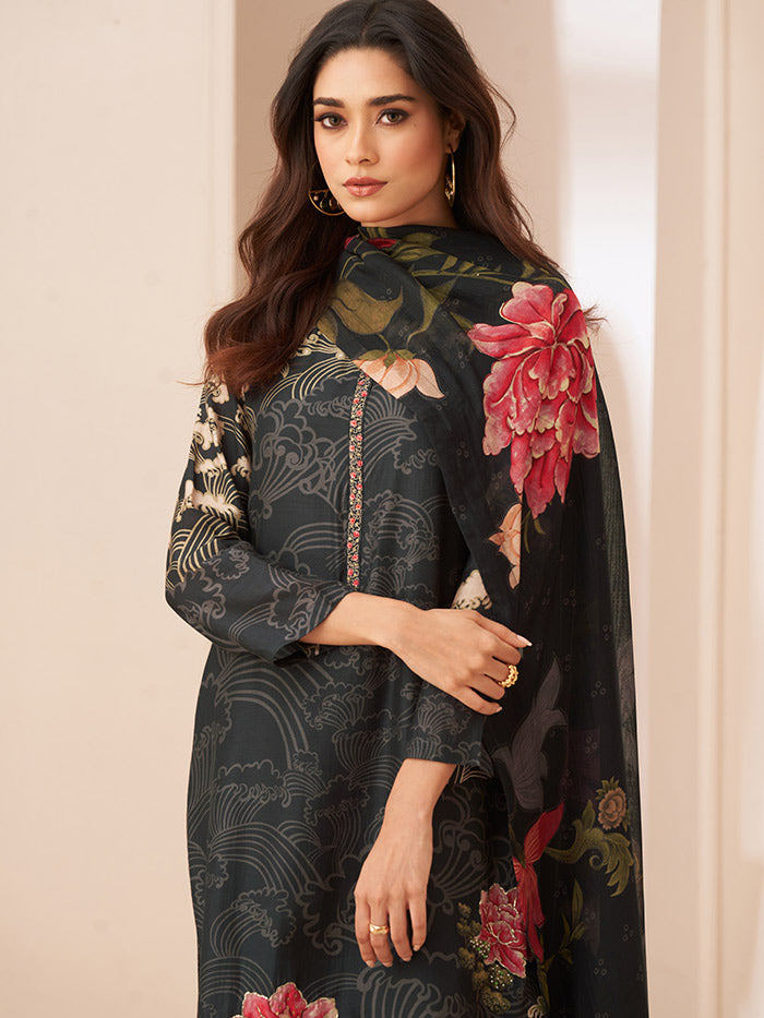 Mukhi Unstitched Kurta Set - Black