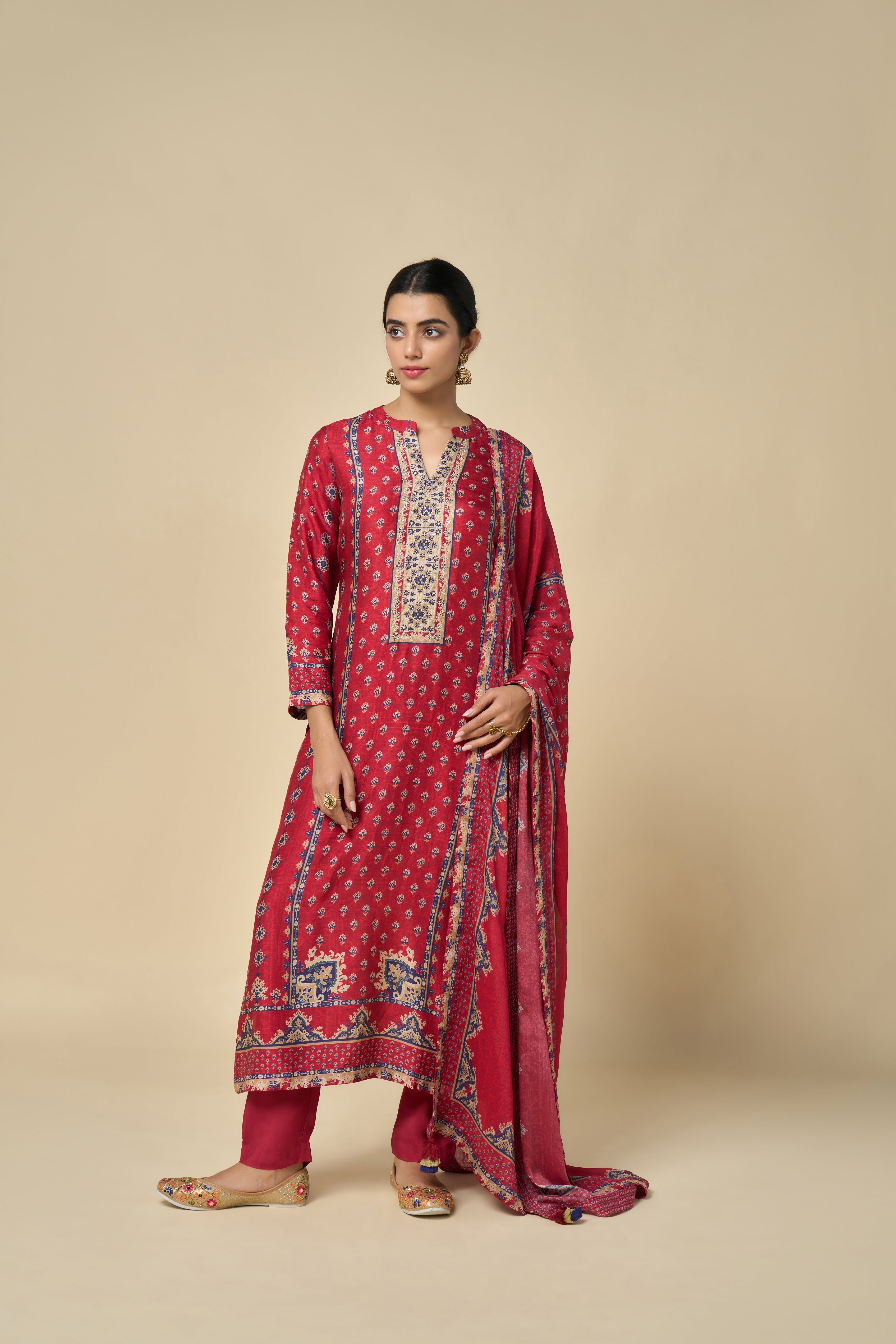 Marigold Unstitched Kurta Set - Maroon