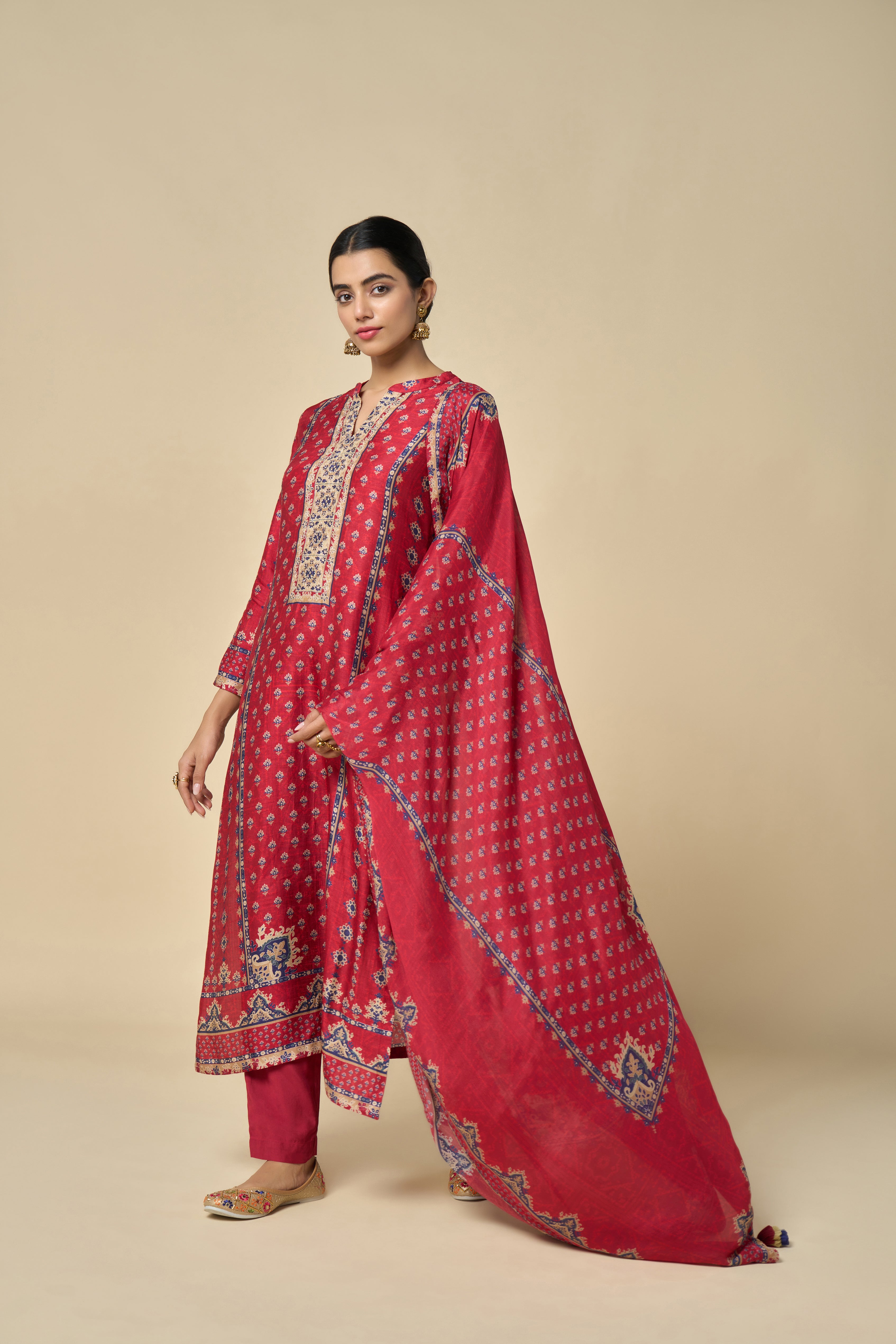 Marigold Unstitched Kurta Set - Maroon