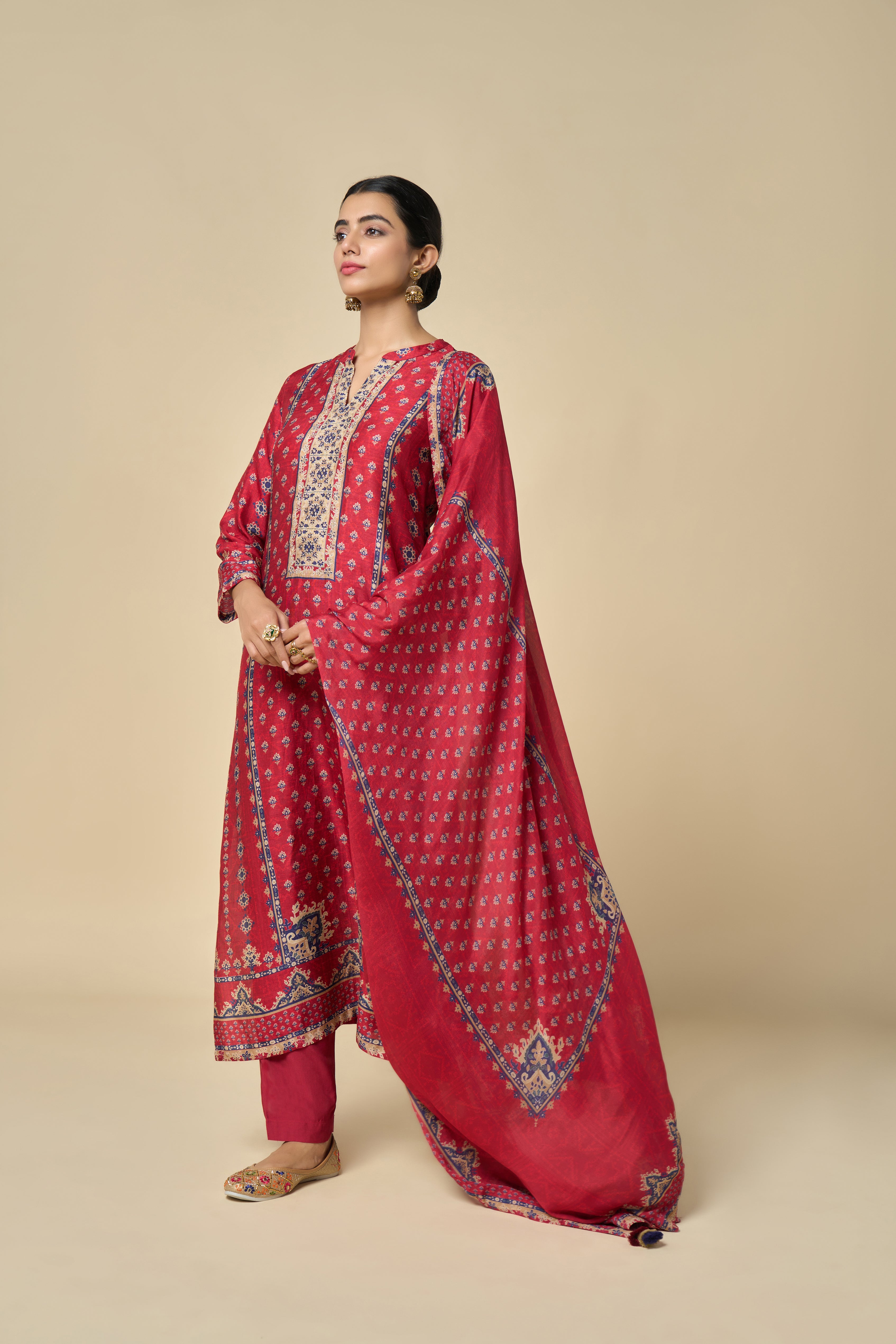 Marigold Unstitched Kurta Set - Maroon