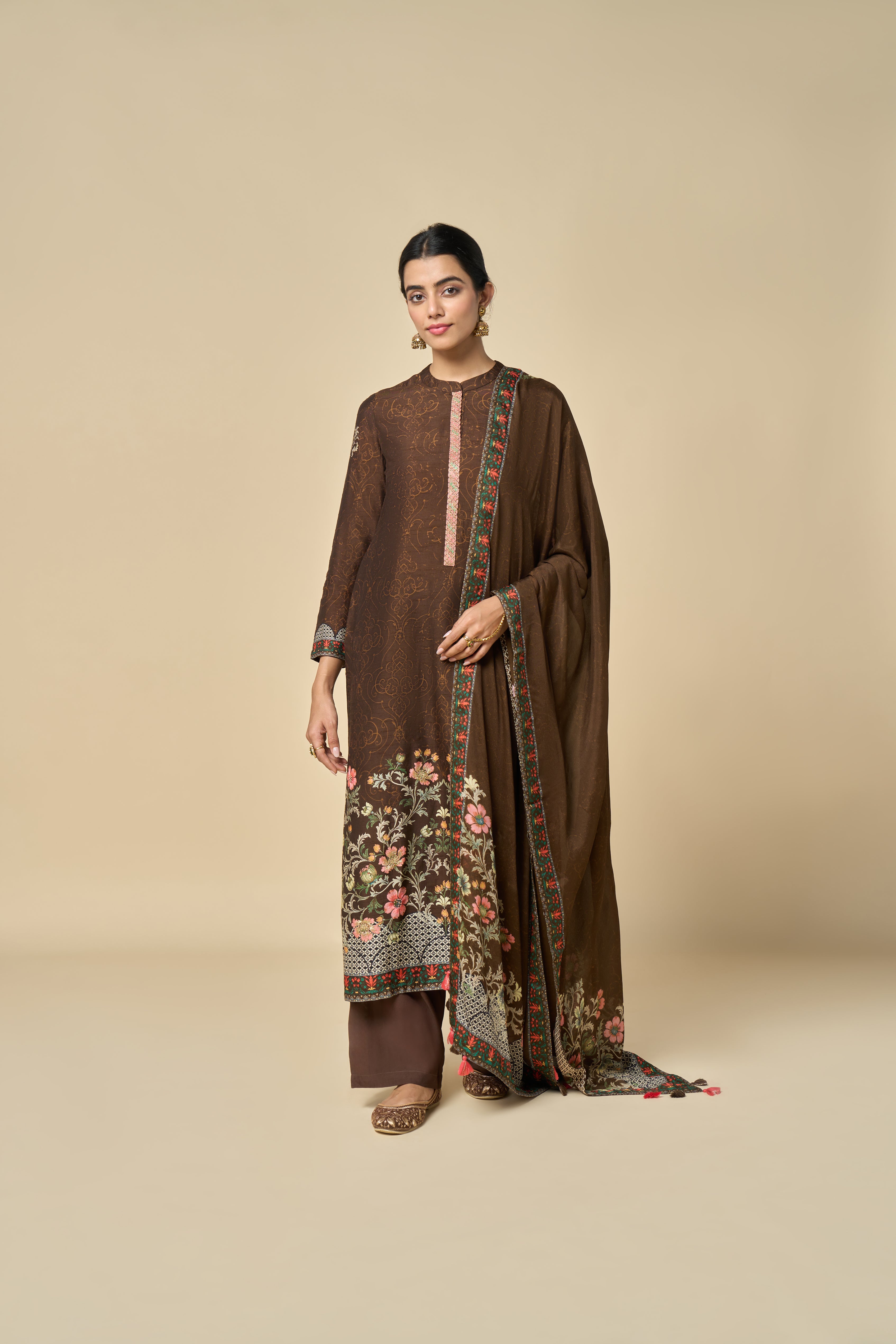 Zehra Unstitched Kurta Set - Brown