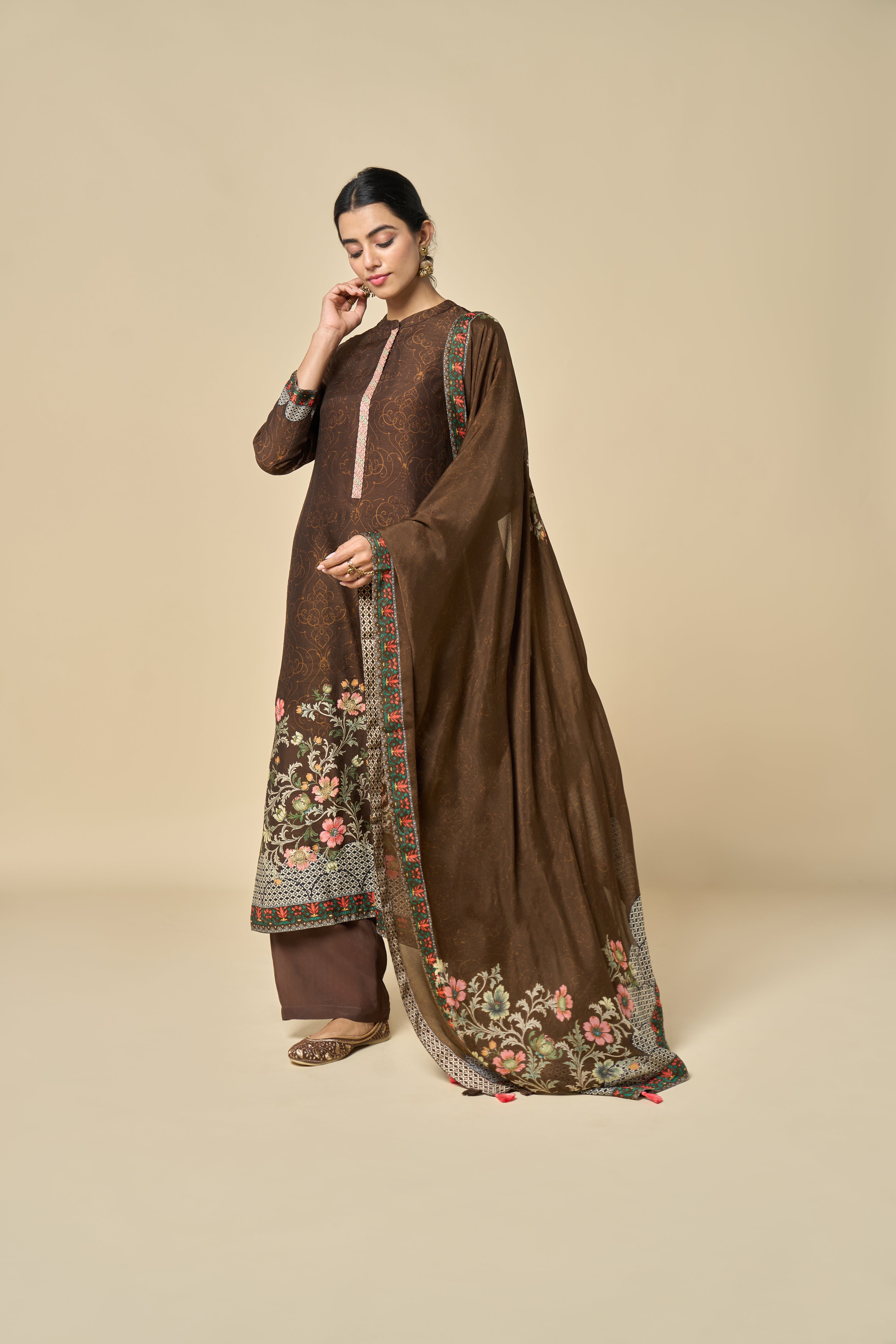 Zehra Unstitched Kurta Set - Brown