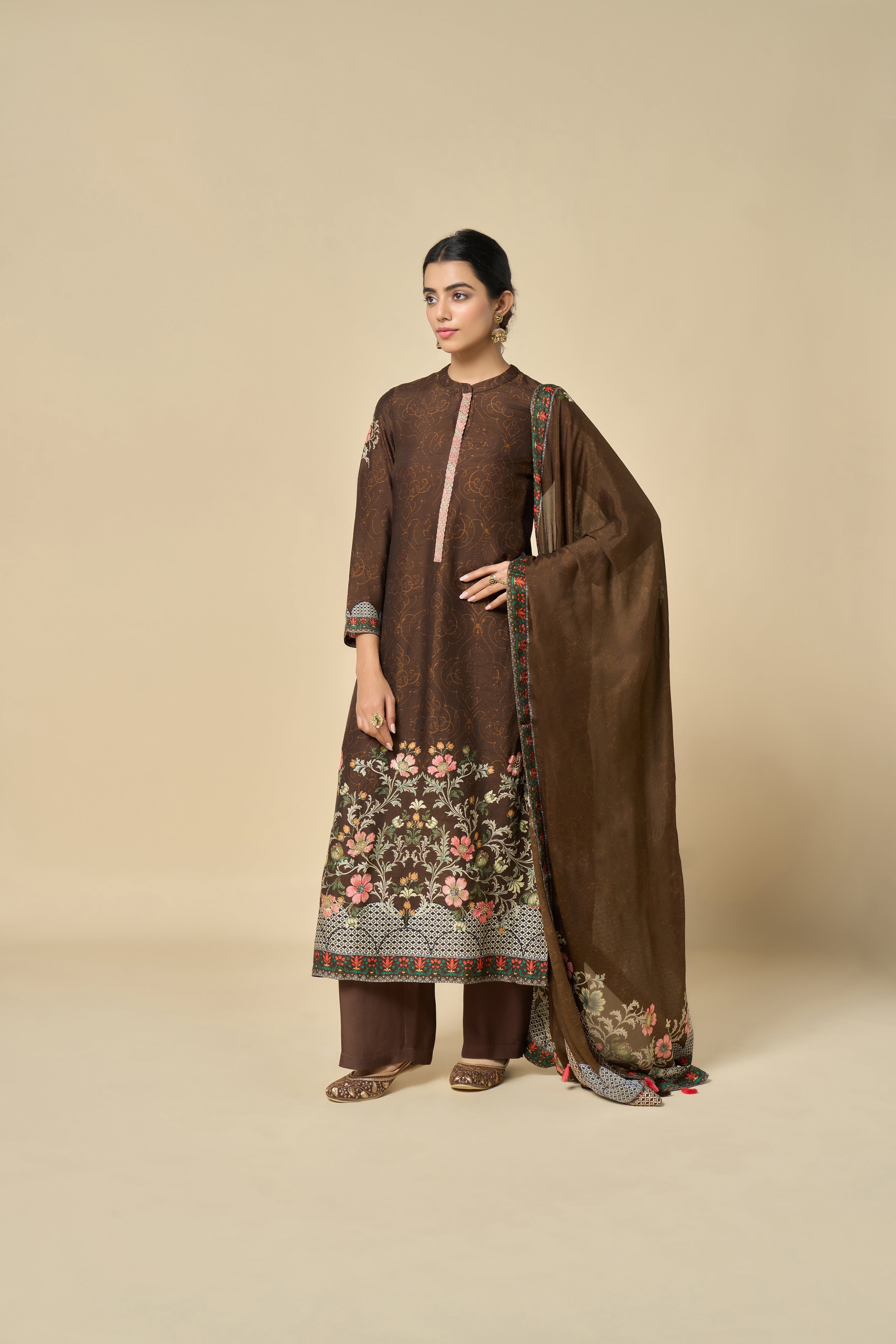 Zehra Unstitched Kurta Set - Brown