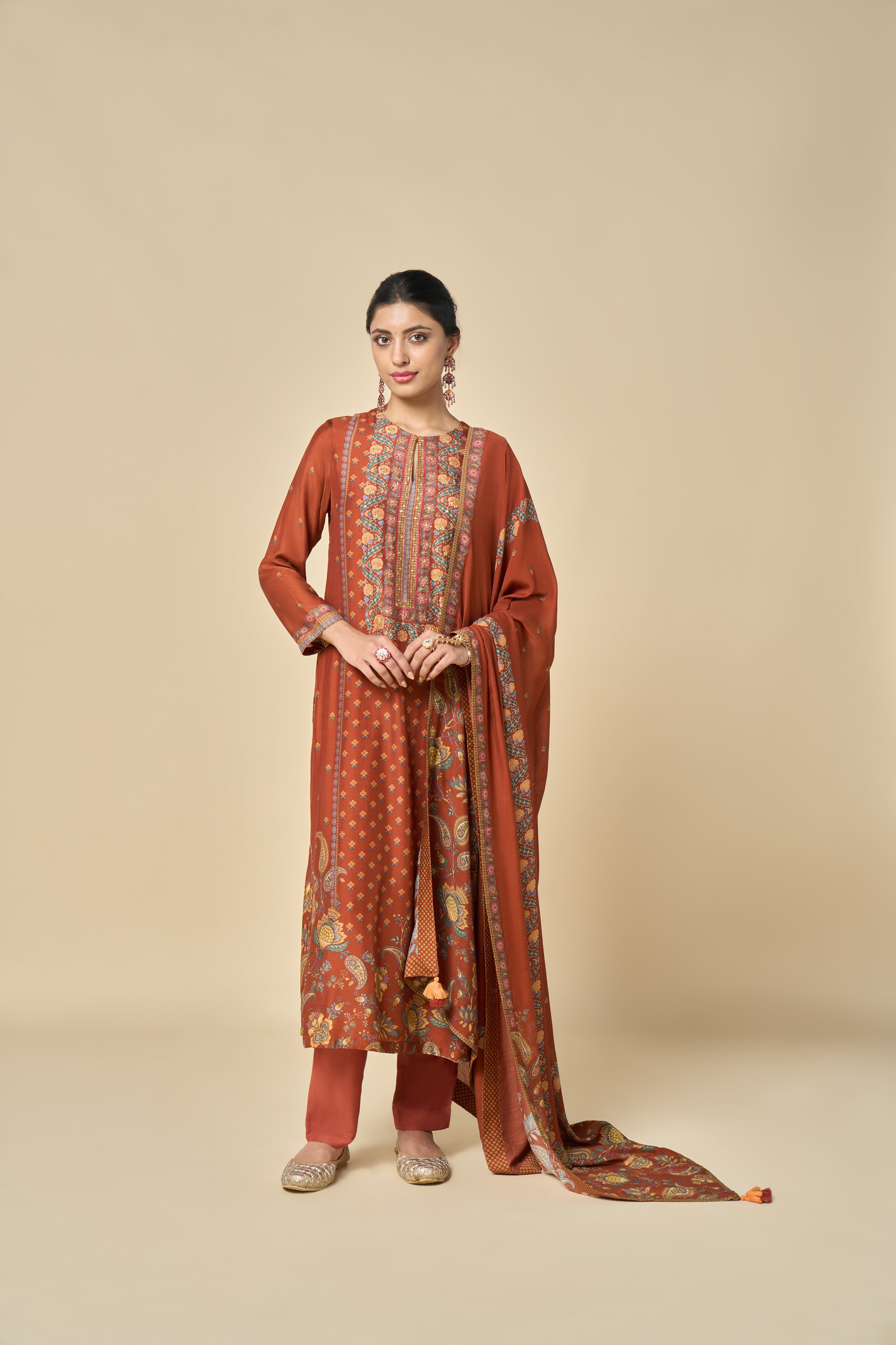 Hoor Unstitched Kurta Set - Rust