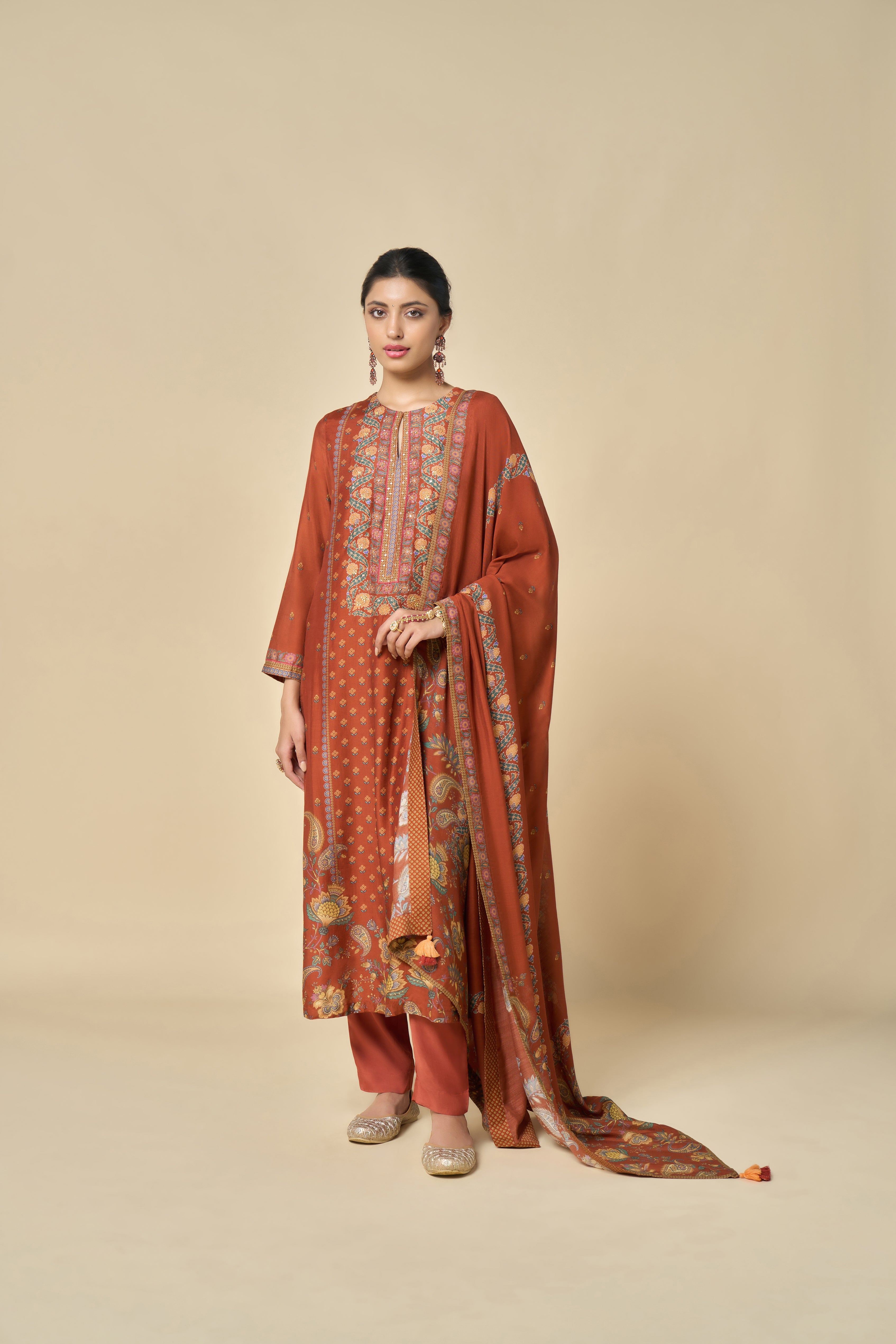 Hoor Unstitched Kurta Set - Rust