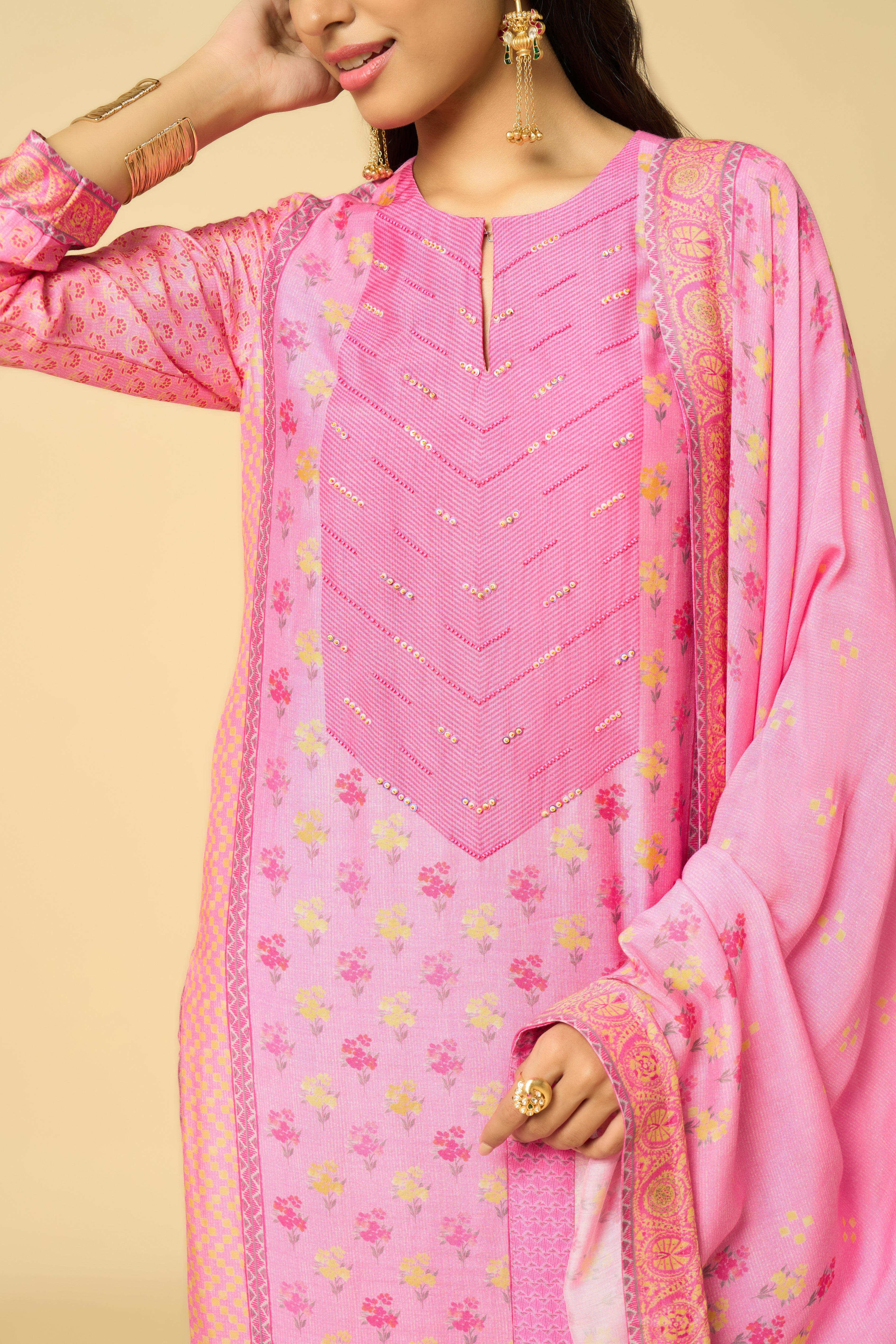 Gulnaar Unstitched Kurta Set - Pink
