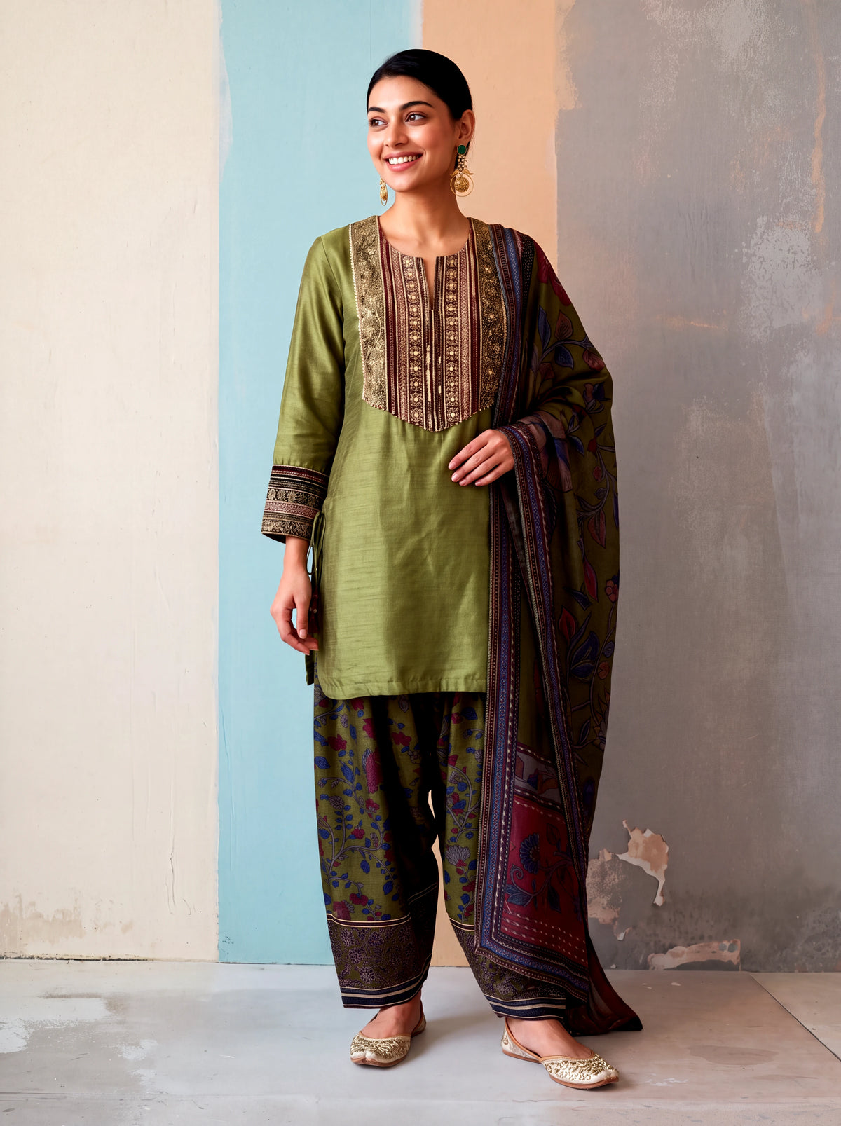 Tivra Kalamkari-inspired Salwar Set-Olive