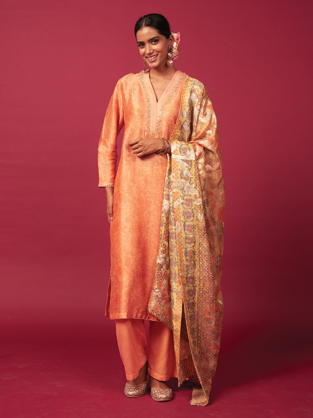 Zeyb Kurta Set with Dupatta - Peach
