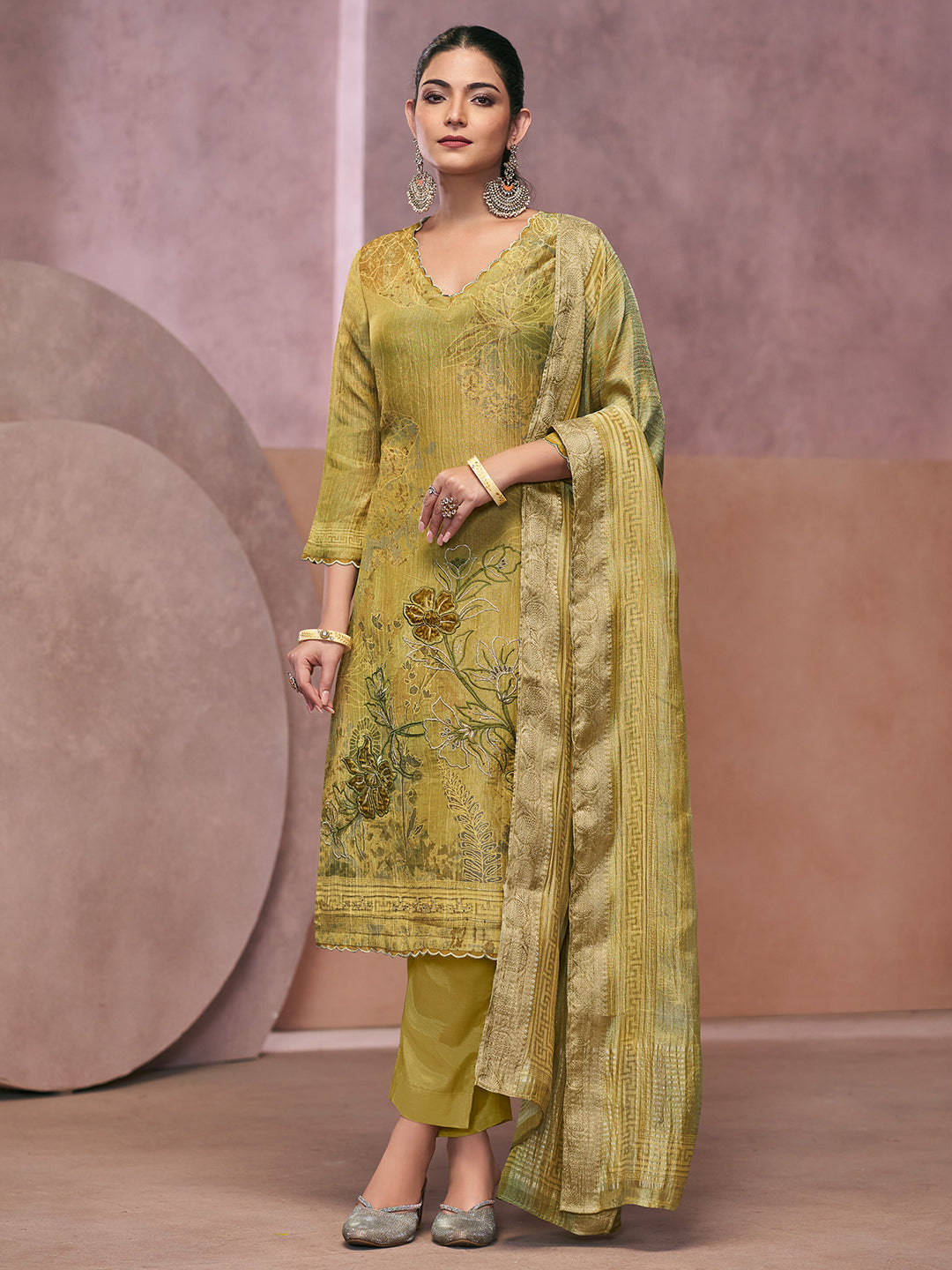 Veda Kurta Set with Dupatta - Olive