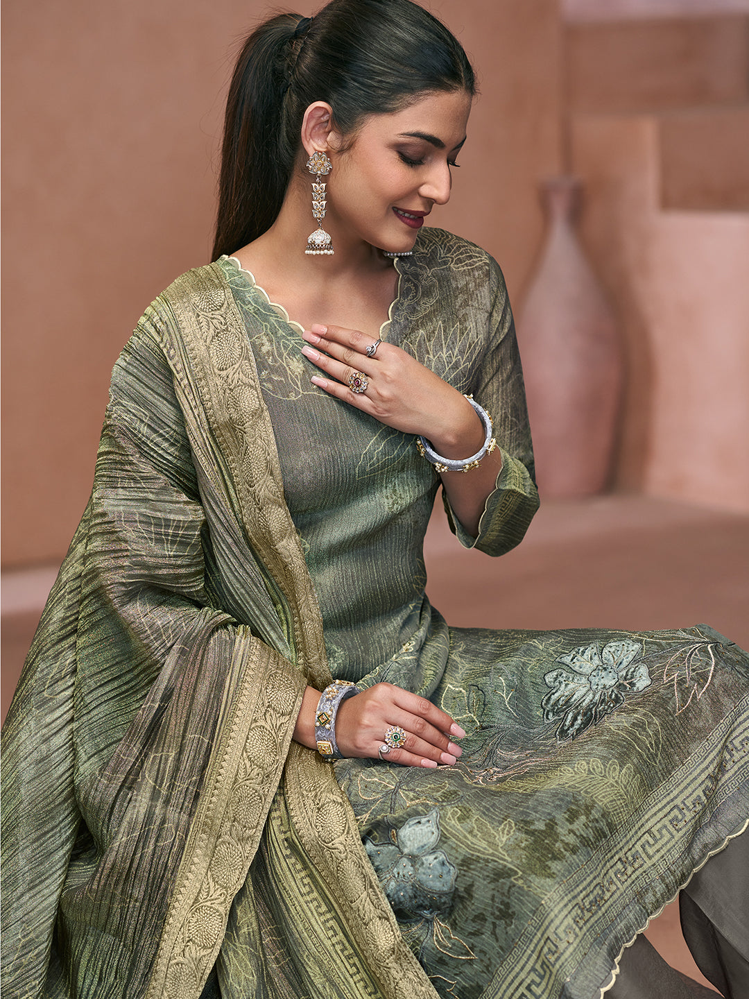 Veda Kurta Set with Dupatta -  Grey