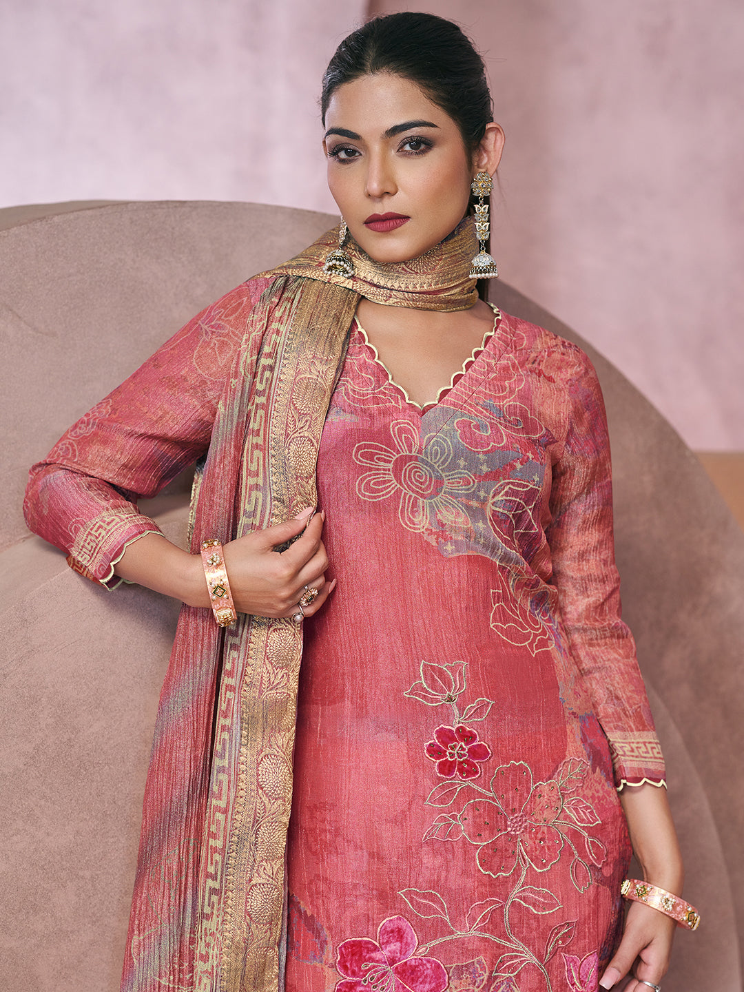 Veda Kurta Set with Dupatta -  Pink