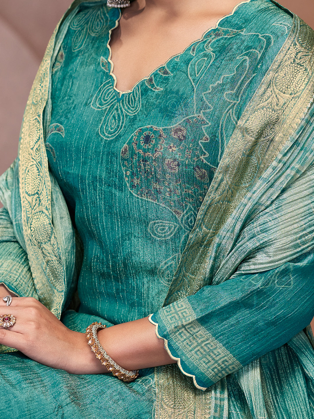 Veda Kurta Set with Dupatta -  Teal Green