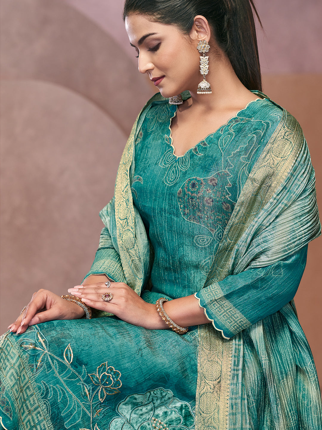 Veda Kurta Set with Dupatta -  Teal Green