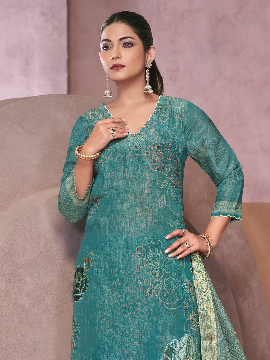 Veda Kurta Set with Dupatta -  Teal Green