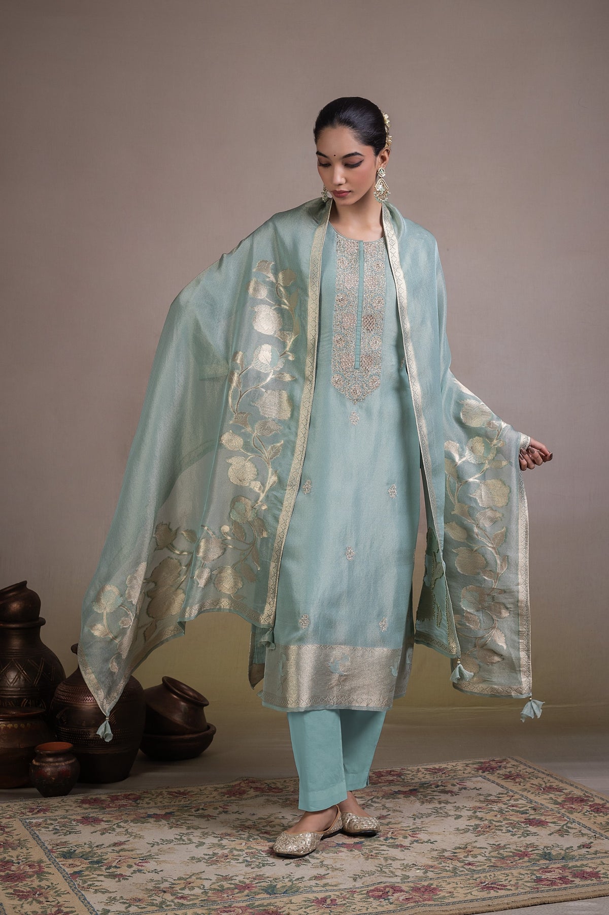 Mihir Floral Detail Unstitched Kurta Set-Blue