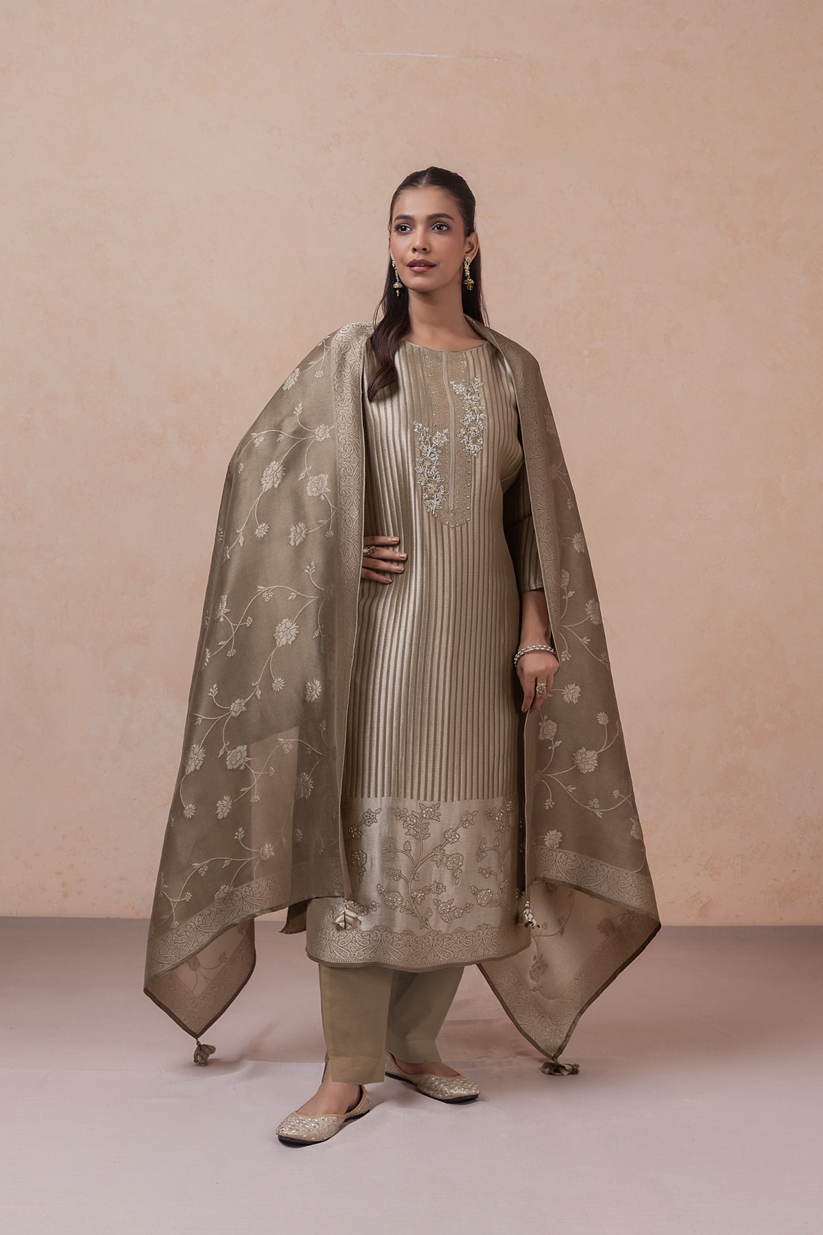 Abeer Floral Unstitched Kurta Set-Grey