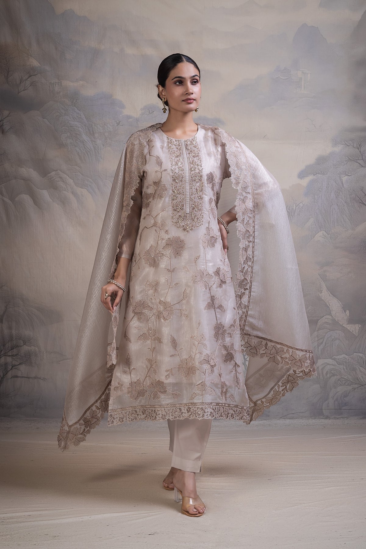 Zunaira Floral Unstitched Kurta Set-Grey