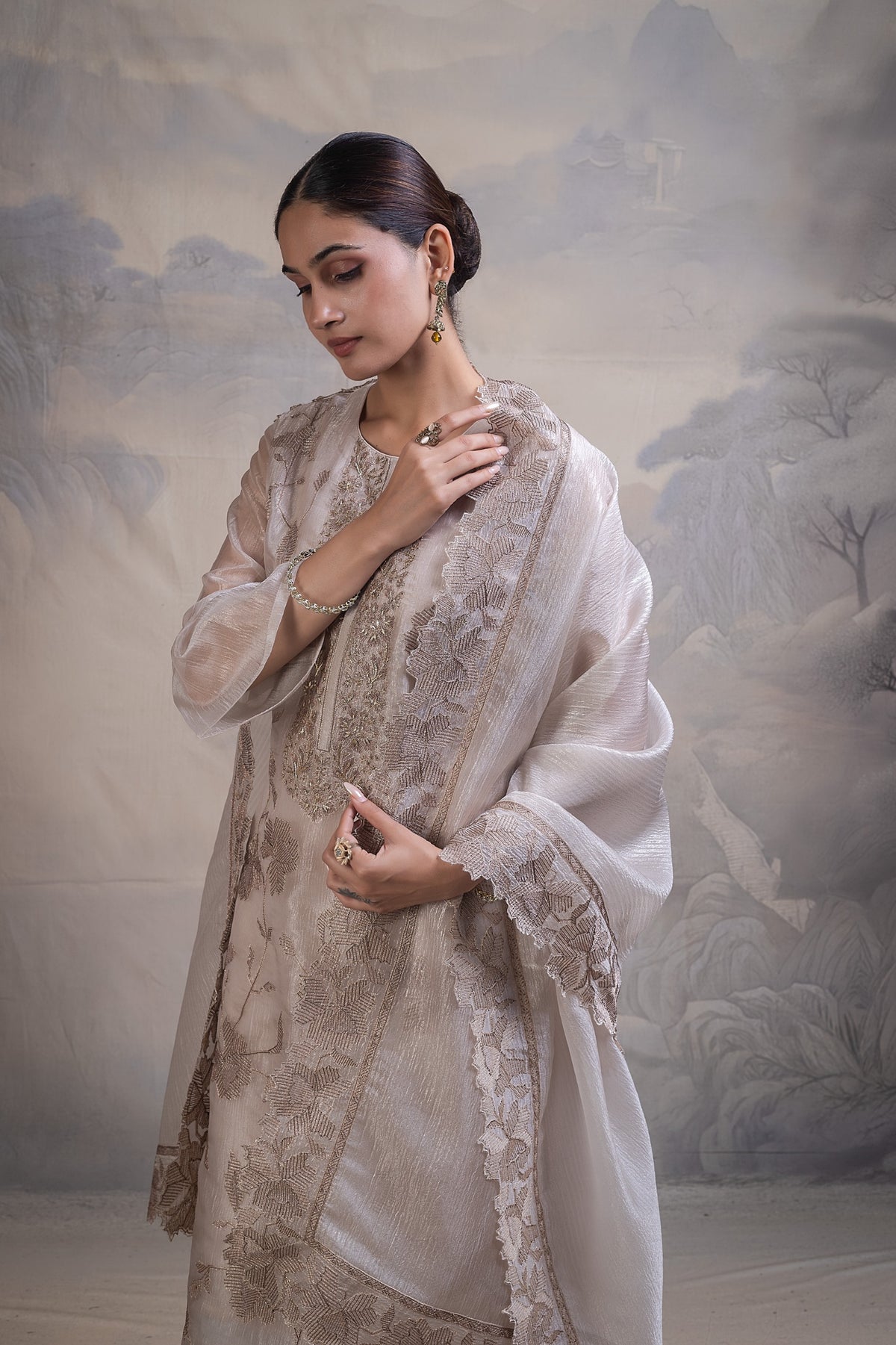 Zunaira Floral Unstitched Kurta Set-Grey
