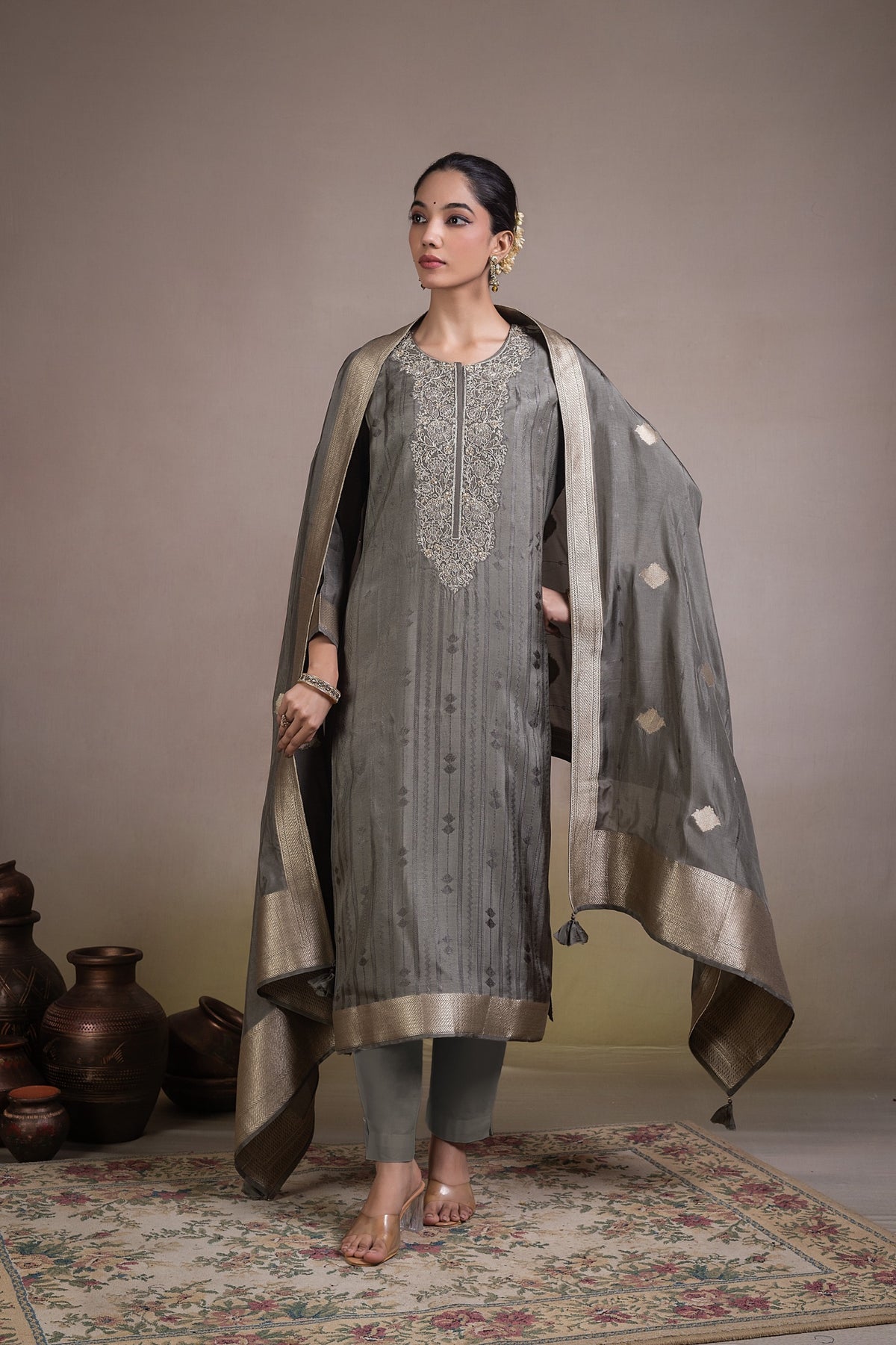Aariz Embroidered Unstitched Kurta Set-Grey