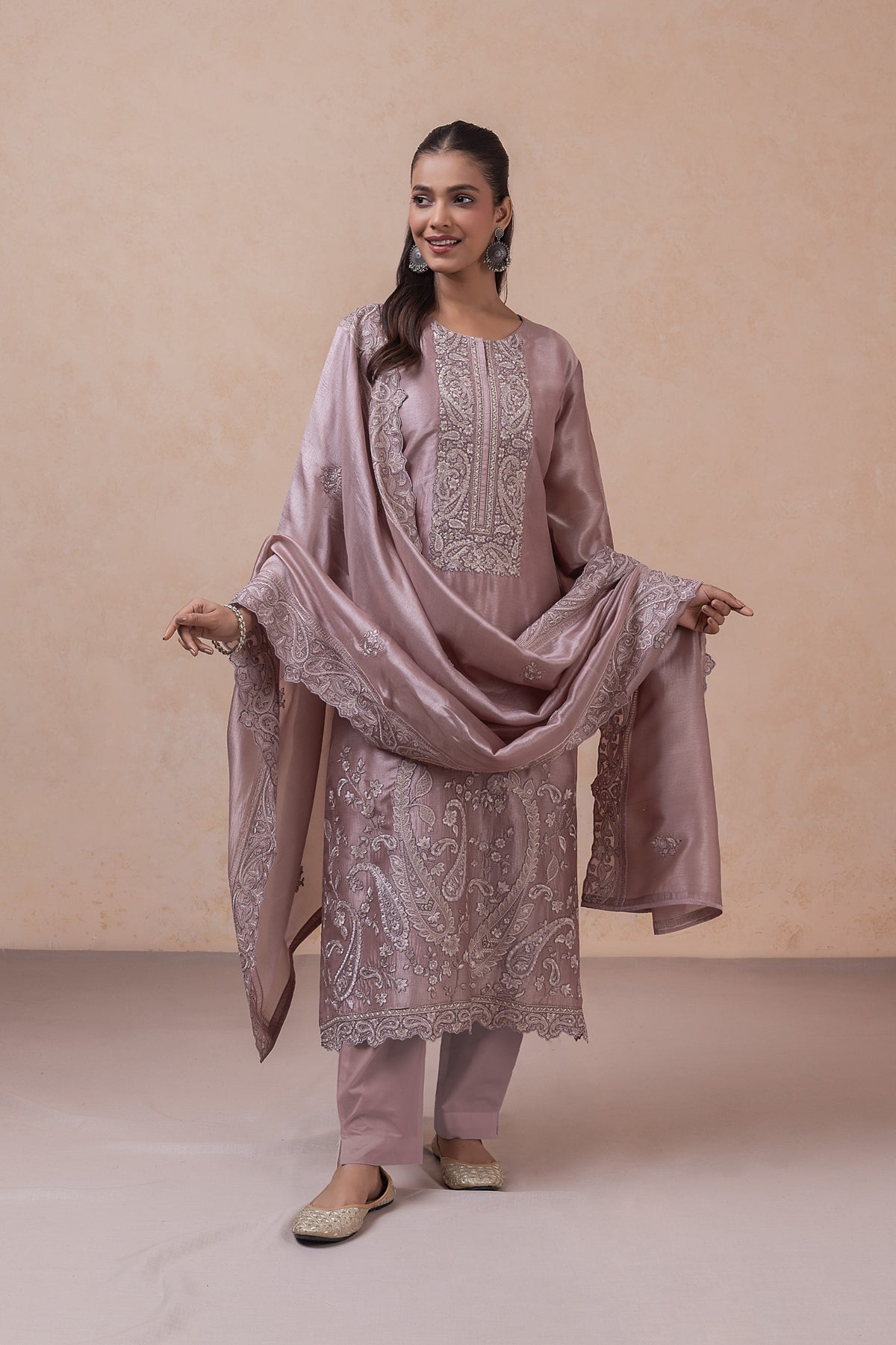 Inaya Paisley Unstitched Kurta Set-Mauve