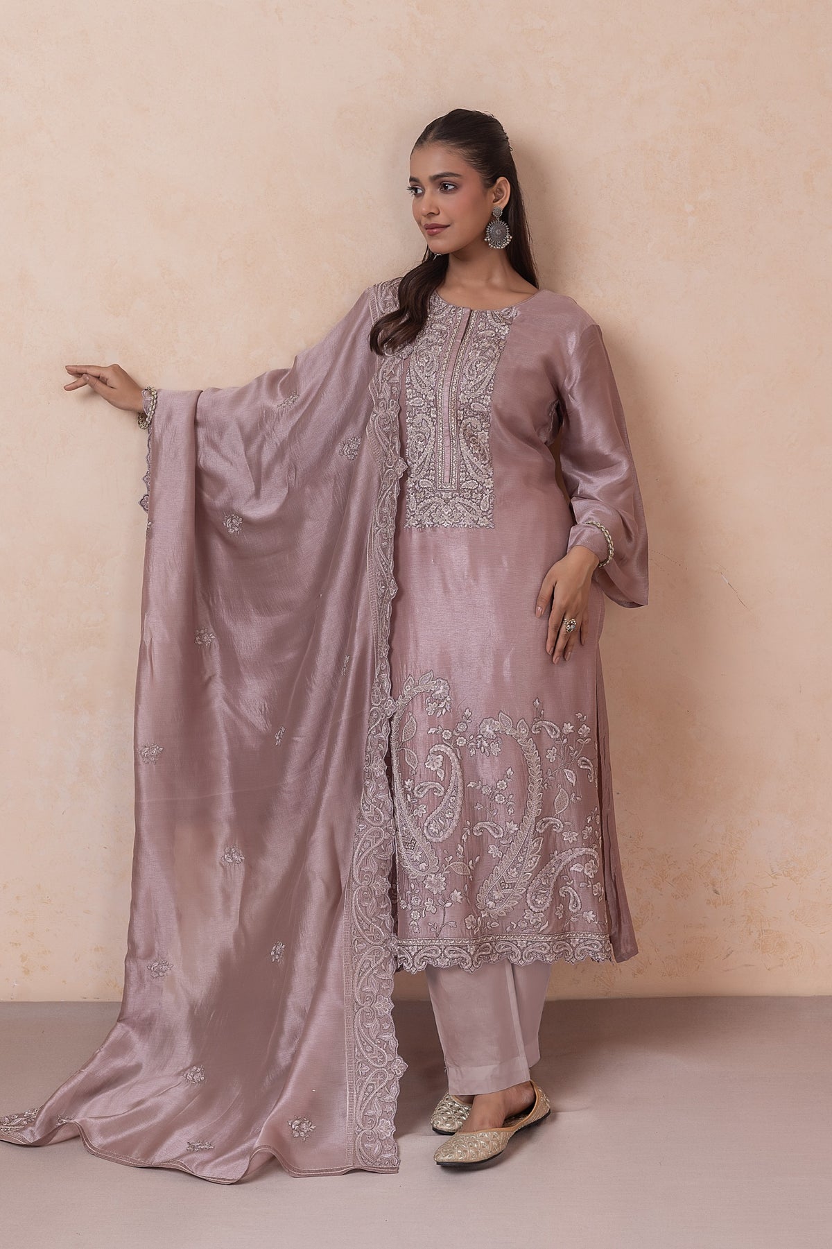 Inaya Paisley Unstitched Kurta Set-Mauve