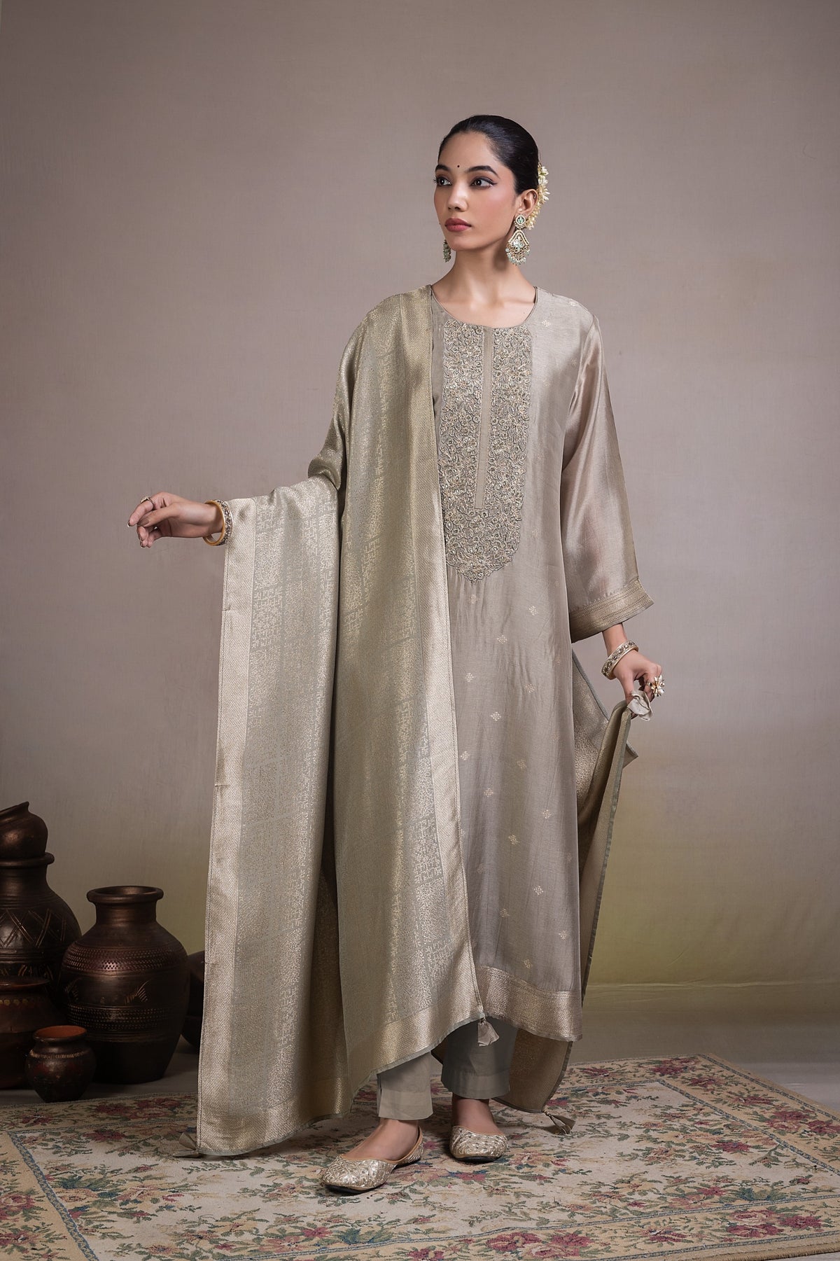 Aroha Embroidered Unstitched Kurta Set - GREY