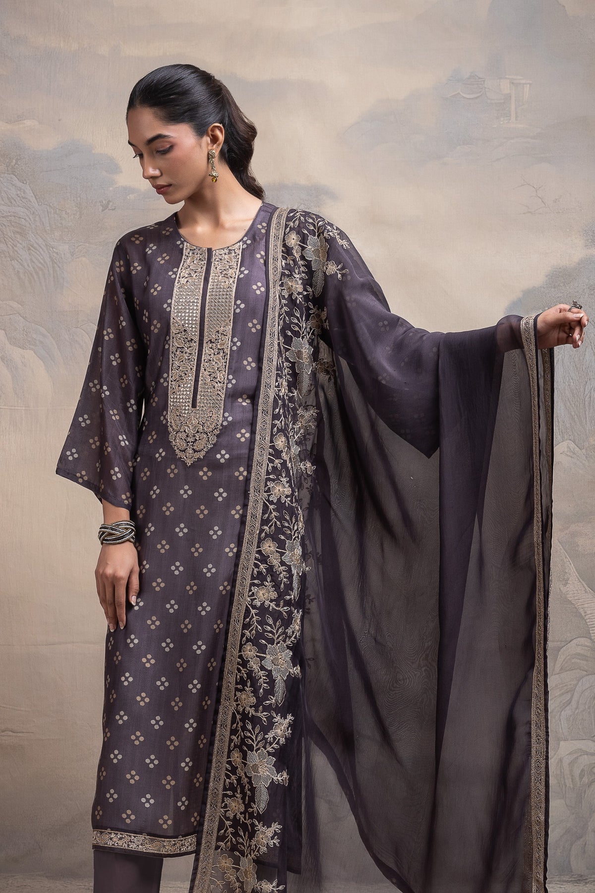 Aureza Floral Unstitched Kurta Set - Black