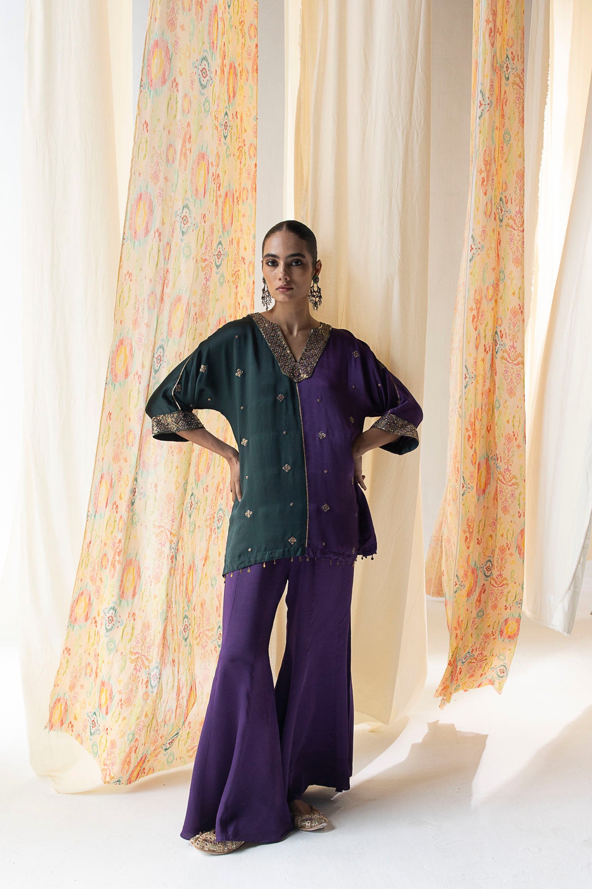 Kimiya Dolman-Sleeve Co-ord Set – Green & Purple