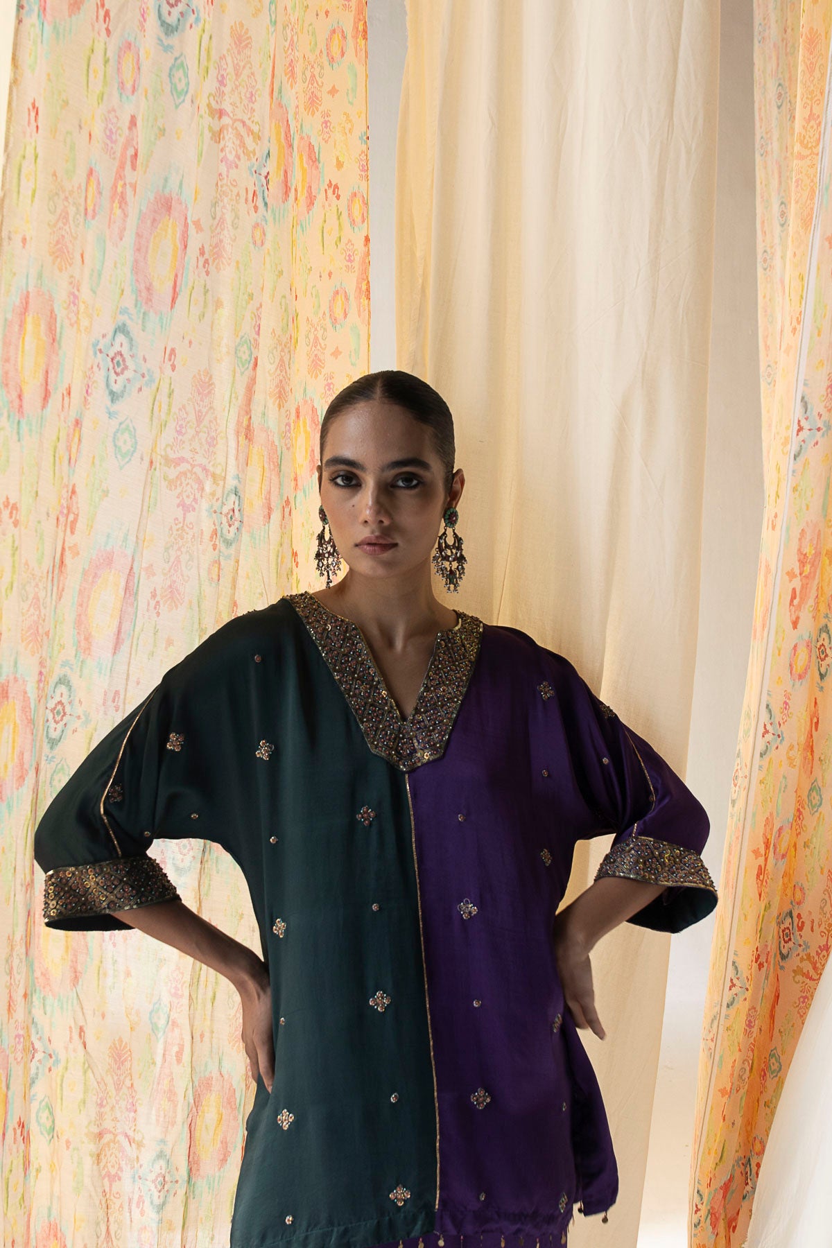 Kimiya Dolman-Sleeve Co-ord Set – Green & Purple