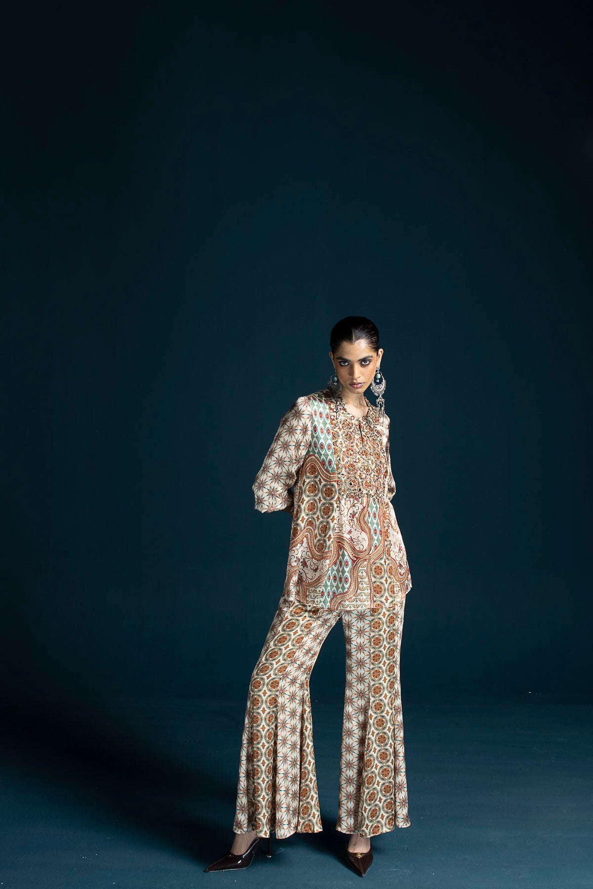 Nazm Ajrakh-Inspired Tunic & Palazzo Co-ord Set – Cream