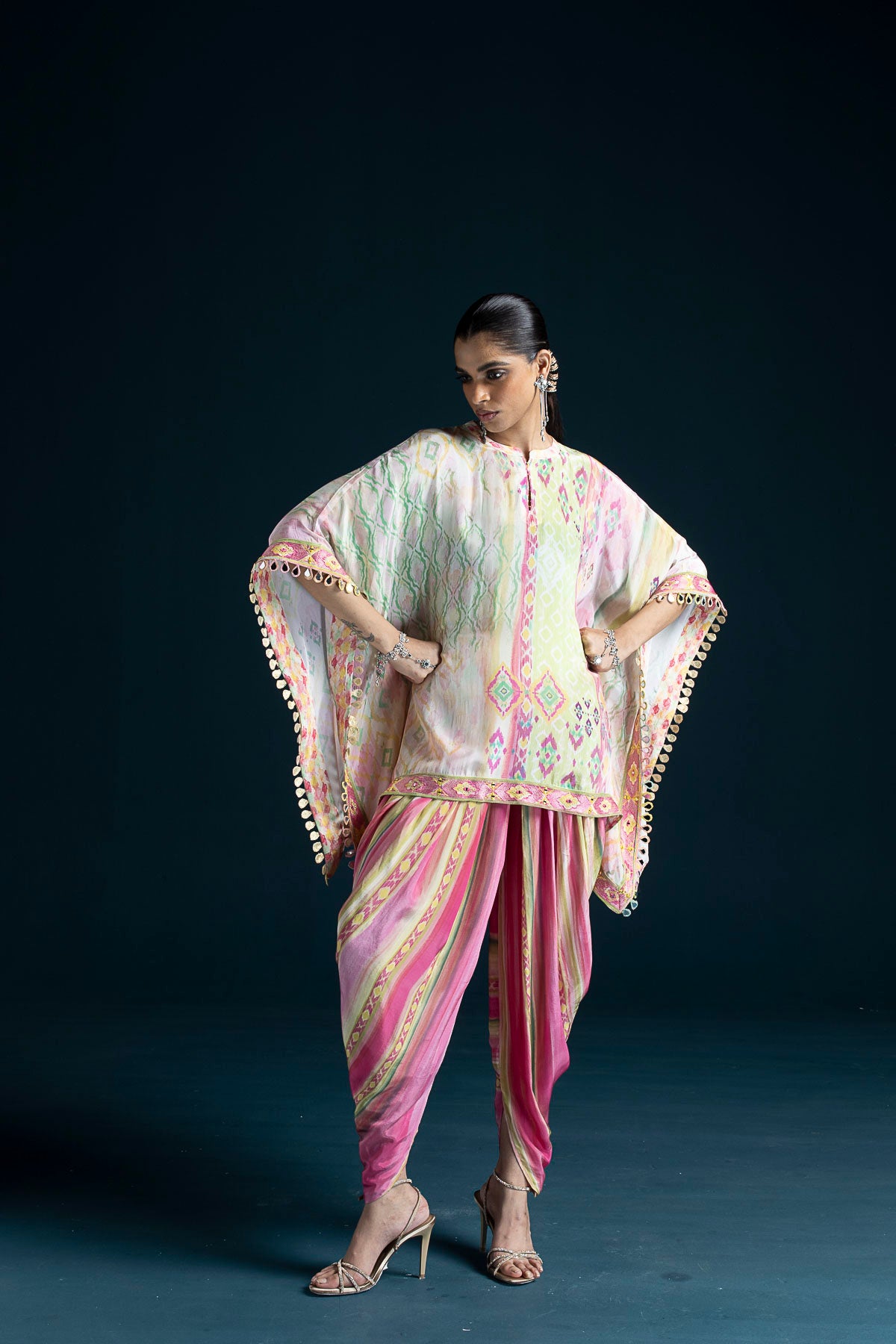 Mehr Ikat-Inspired Kaftan & Dhoti Co-ord Set - Pink